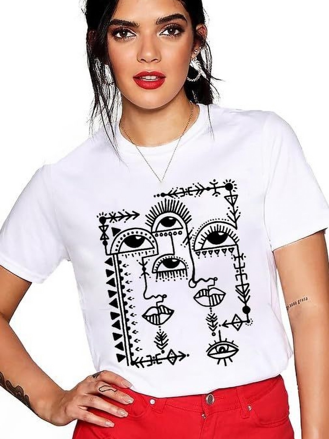 

VLAM Women Printed Extended Sleeves Cut Outs T-shirt, White