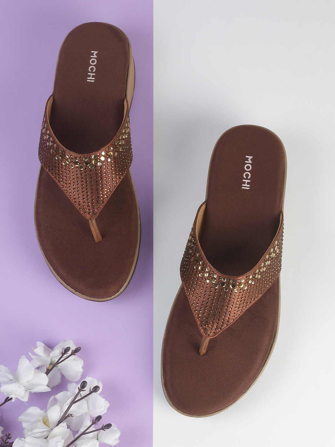 

Mochi Women Embellished Open Toe Flats, Brown