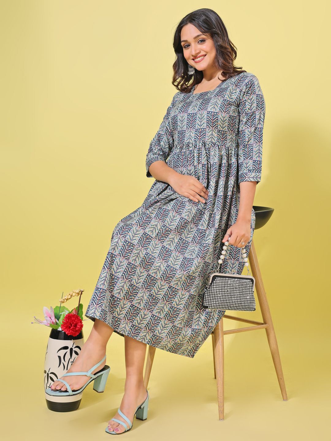 

Bhanderi Fashion Cotton Printed Fit & Flare Midi Dress, Grey