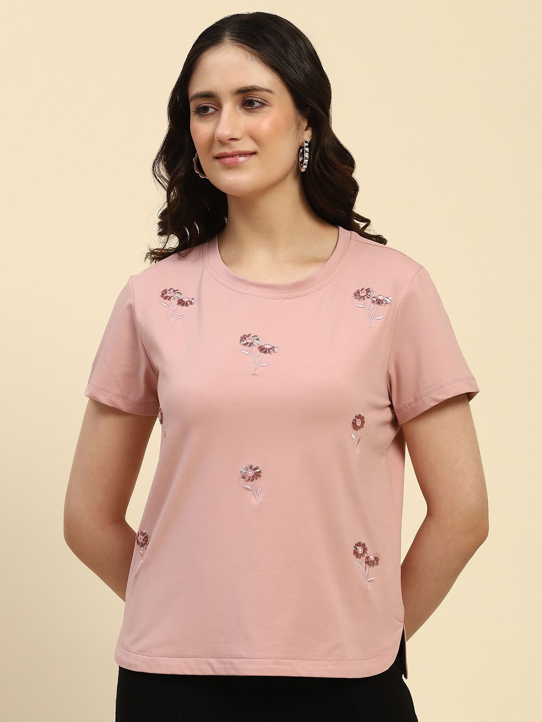 

Global Republic Women Embellished Embroidered Cotton Top, Pink