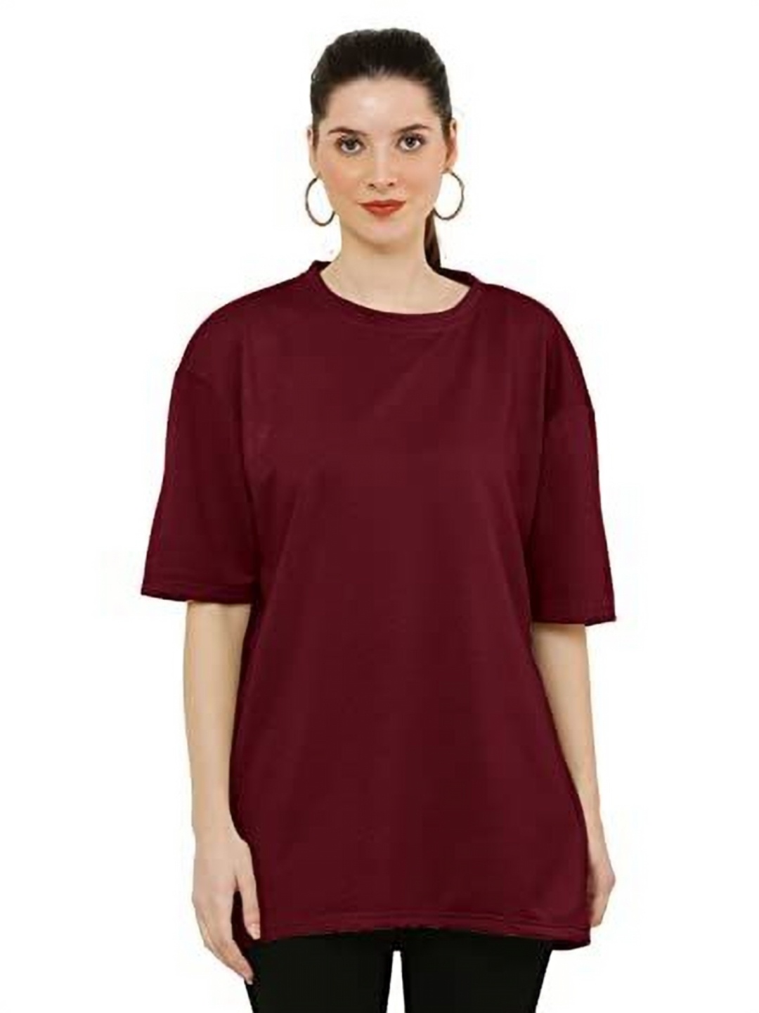

NOTWILD Women Solid Round Neck Cotton Oversized T-shirt, Maroon