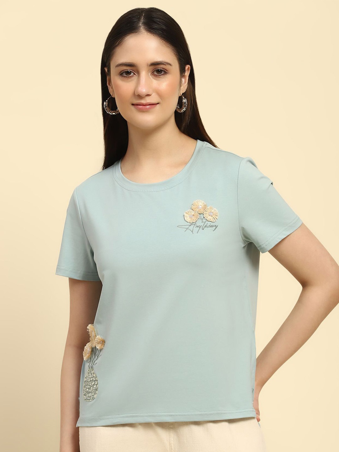 

Global Republic 3D Floral Embroidery Cotton Patch Work Top, Green