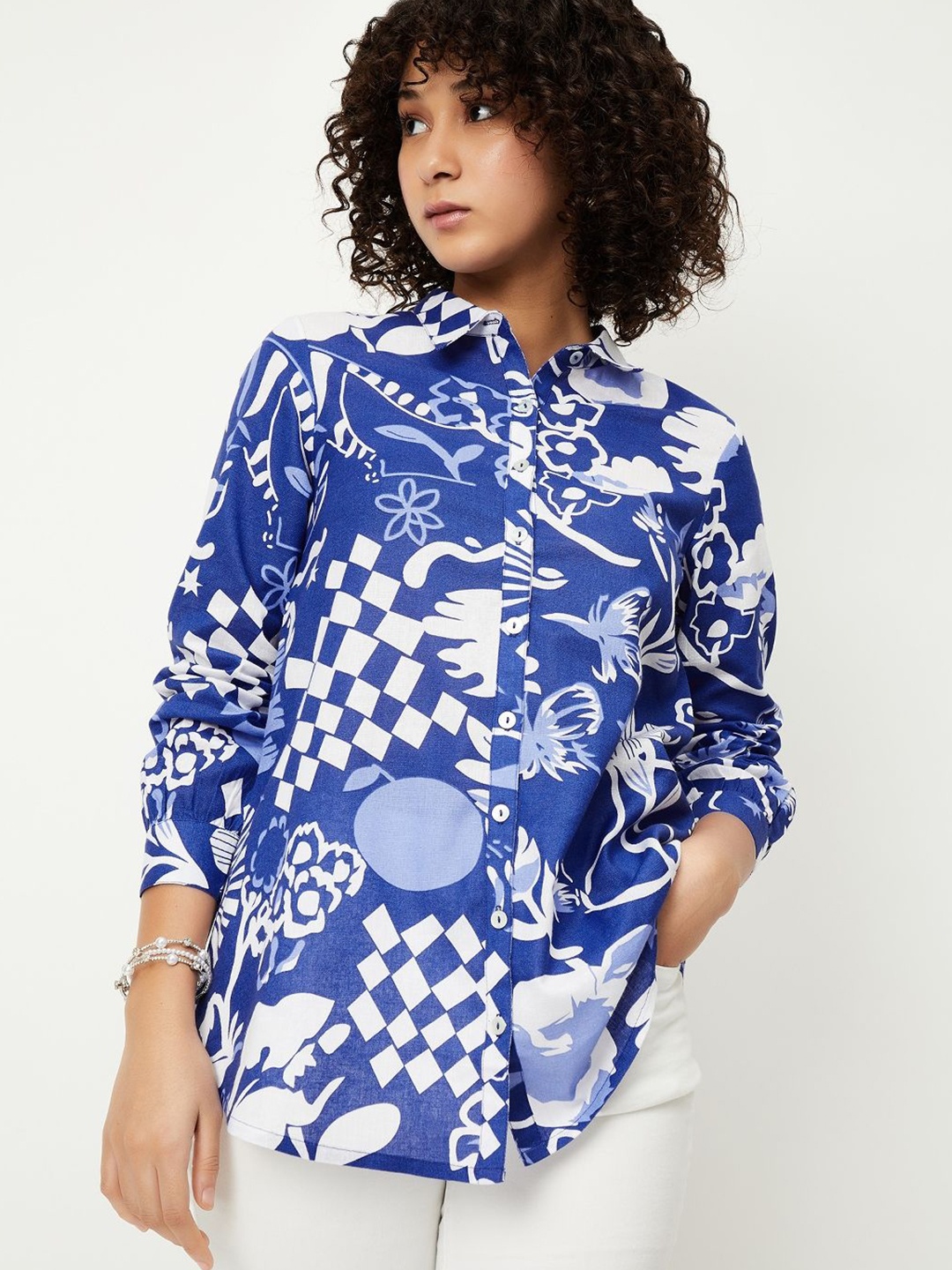 

max Women Oversized Fit Spread Collar Floral Printed Cotton Casual Shirt, Blue
