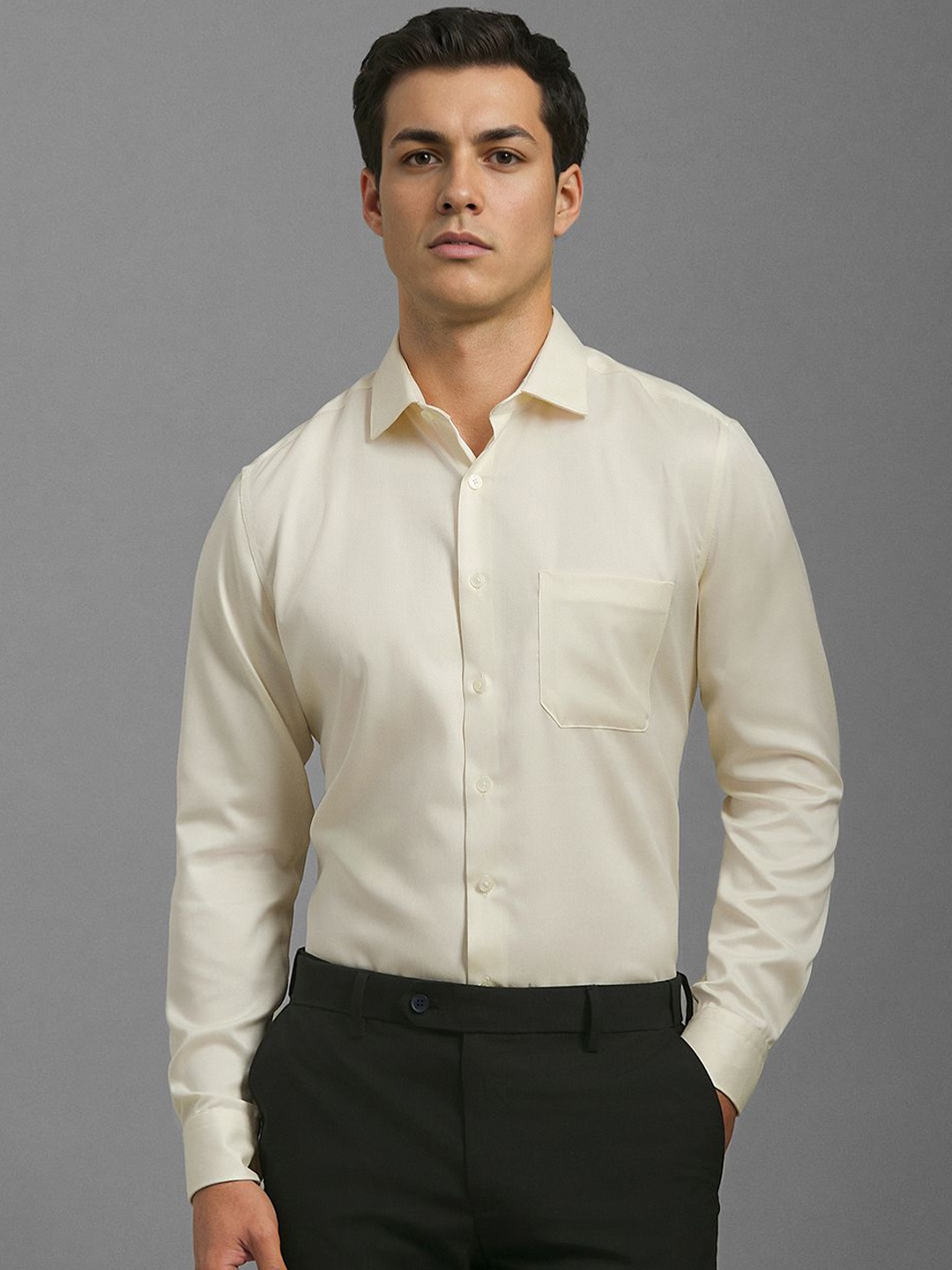 

Louis Philippe Men Slim Fit Spread Collar Solid Cotton Casual Shirt, Cream