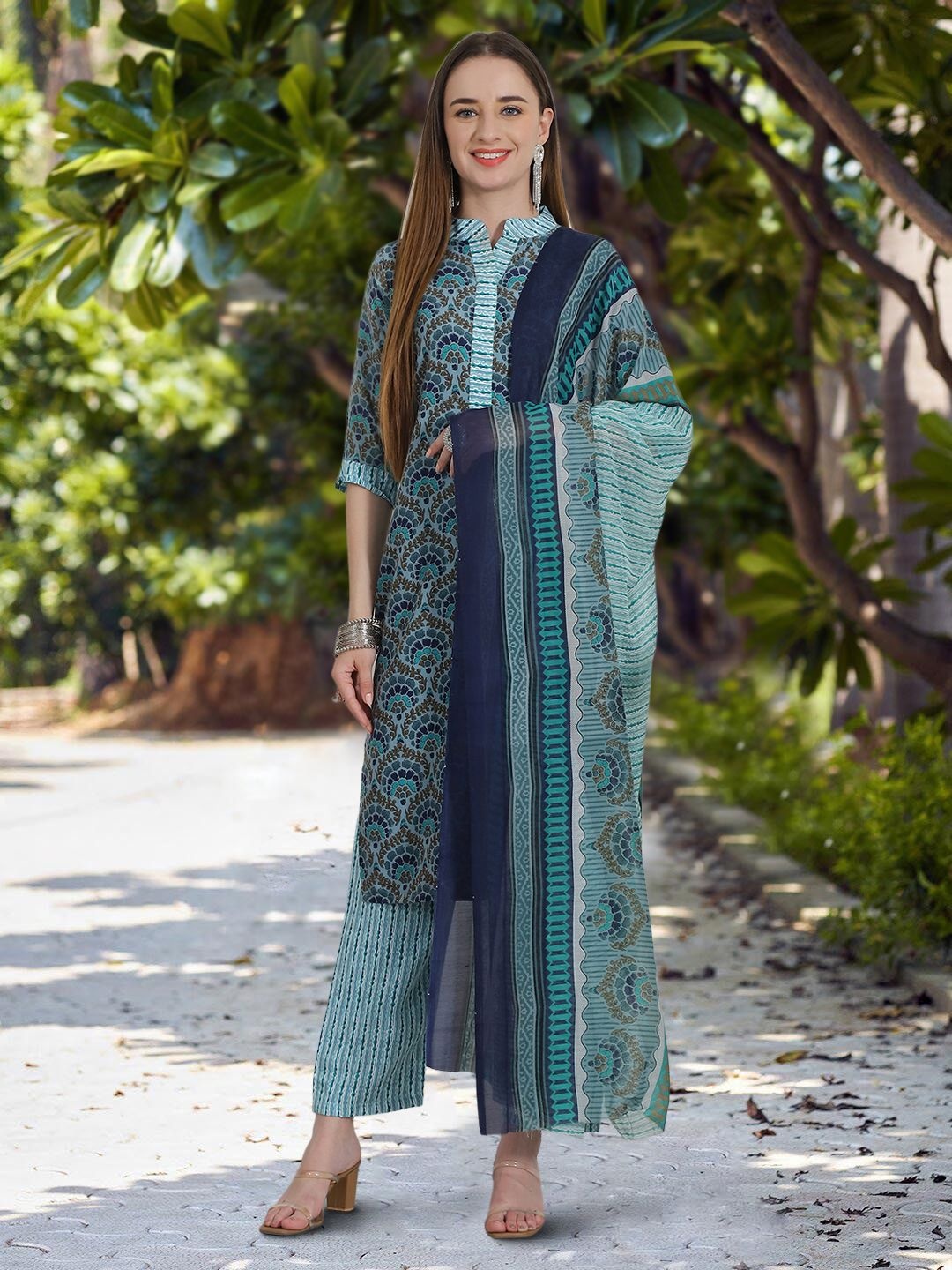 

Moda Rapido Ethnic Motifs Printed Mandarin Collar Straight Kurta With Trouser And Dupatta, Blue