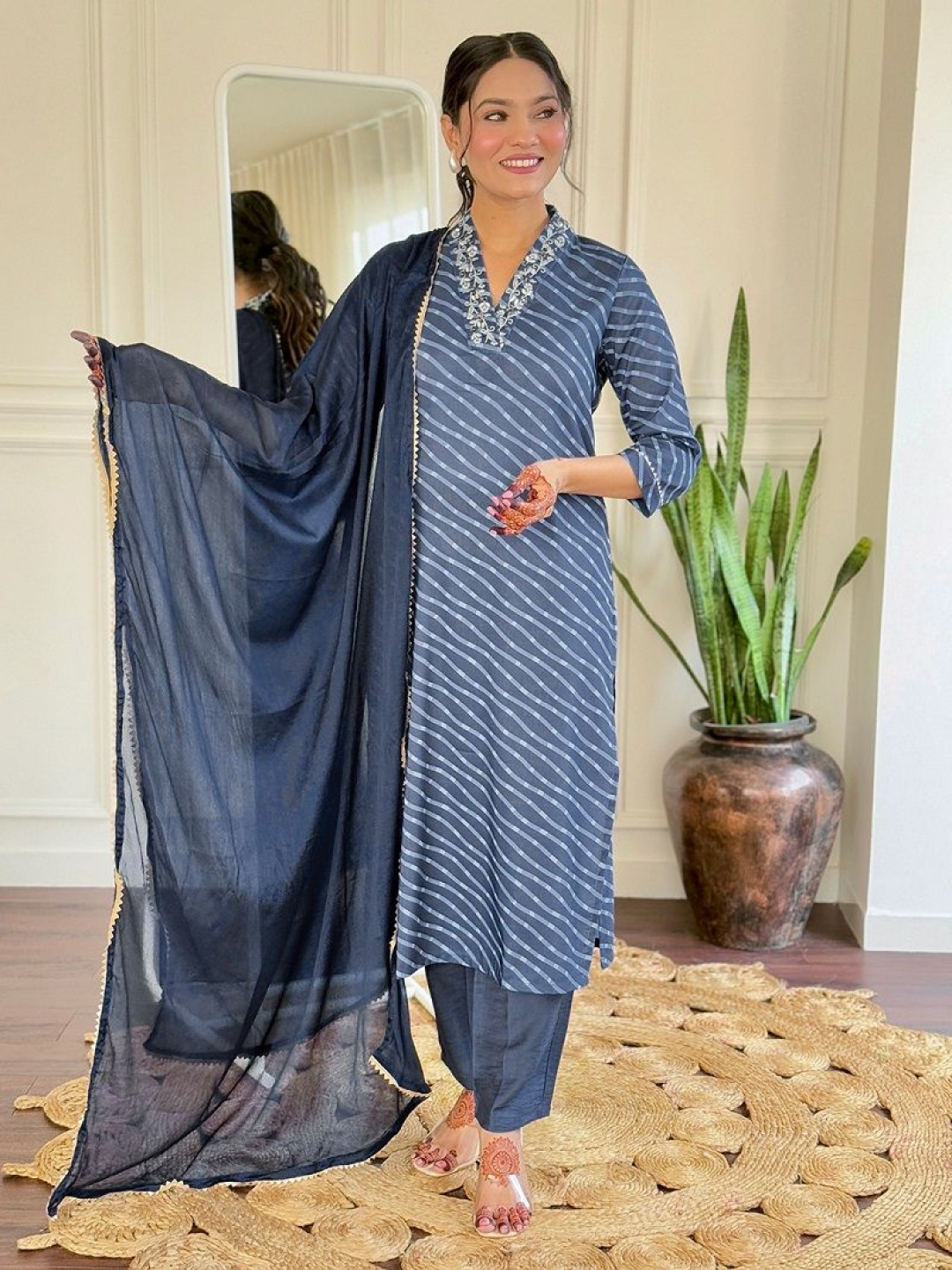 

KAUTIK FABRICS Leheriya Printed Thread Work Chanderi Silk Kurta With Trousers And Dupatta, Navy blue