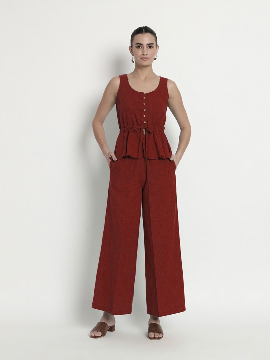 

Thevasa Round Neck Peplum Top with Palazzos, Red