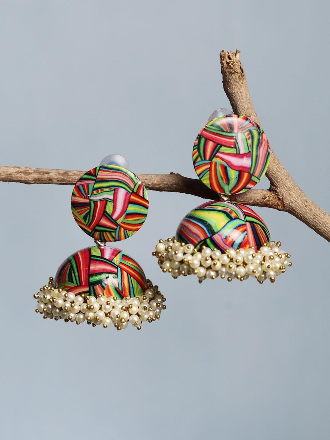 

Saagah Meenakari German Silver Pearls Beaded Dome Shaped Jhumkas, Red