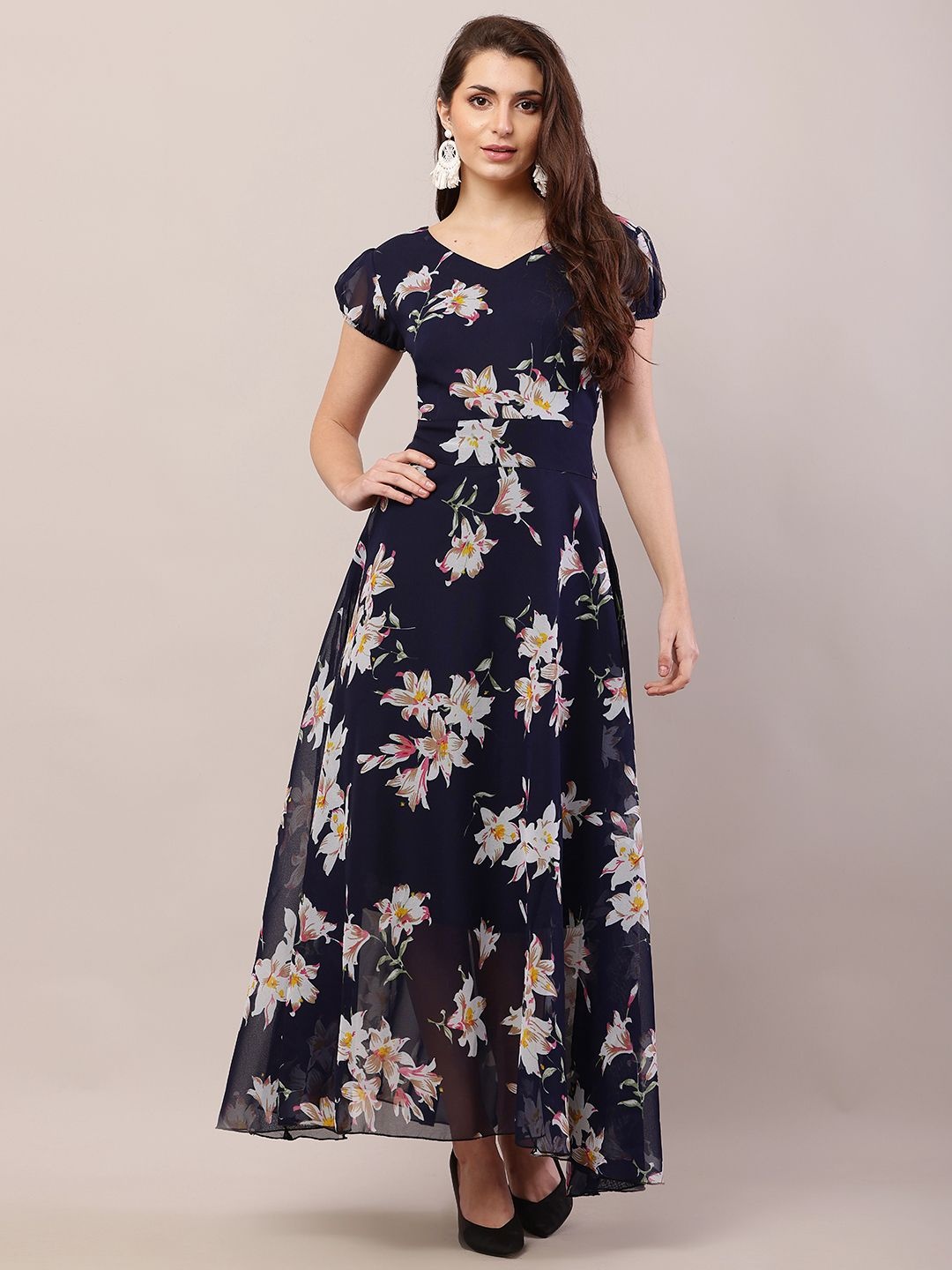 

Raabta Fashion Floral Print Georgette Fit & Flare Maxi Dress, Blue