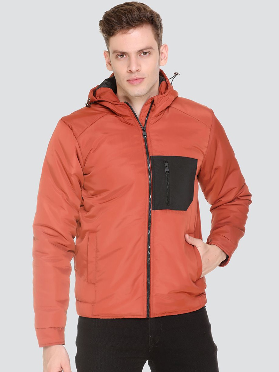 

The Roadster Lifestyle Co. Men Hooded Solid Casual Lightweight Bomber Jacket, Rust