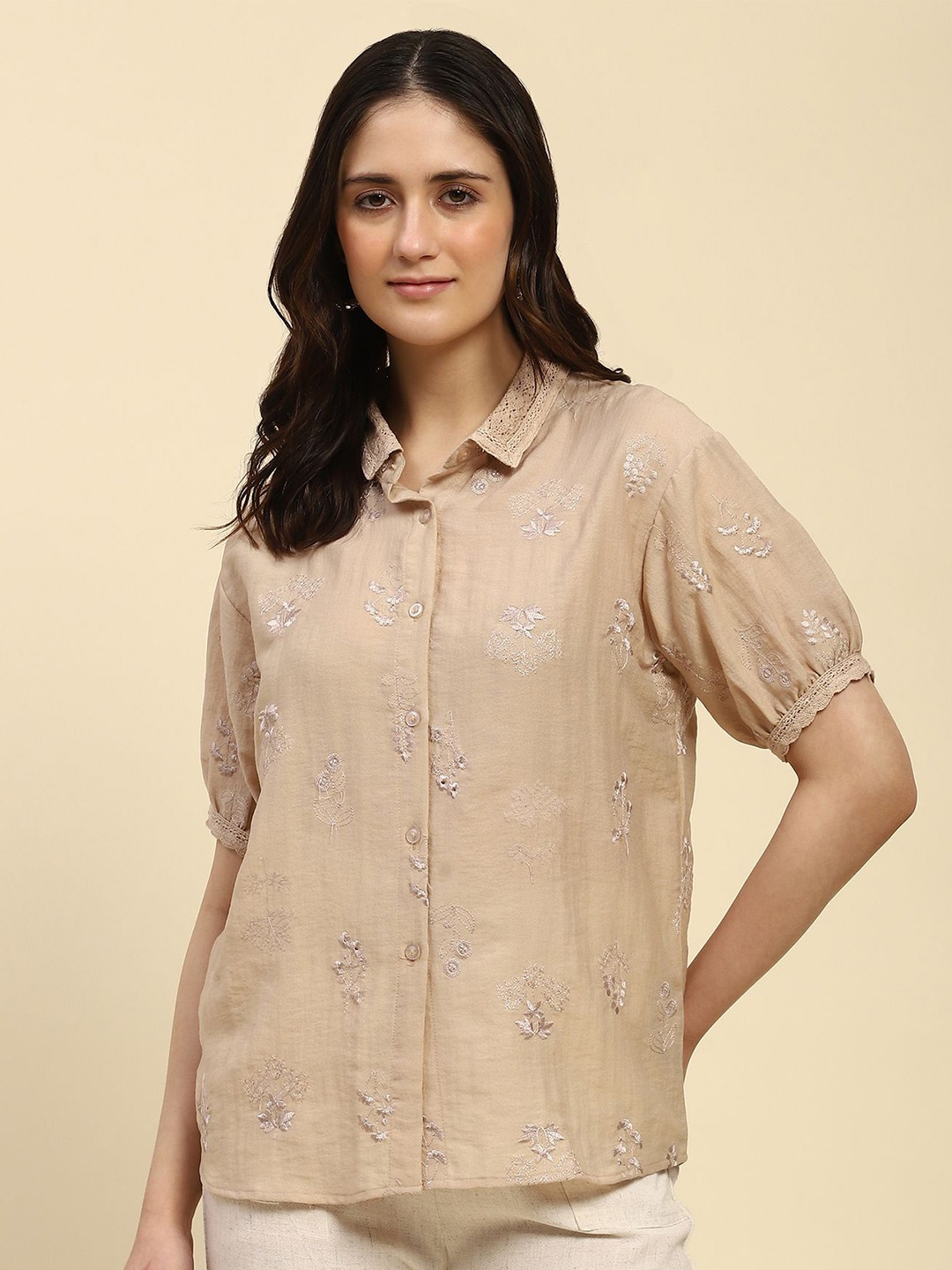 

Global Republic Women Classic Fit Spread Collar Floral Printed Casual Shirt, Beige