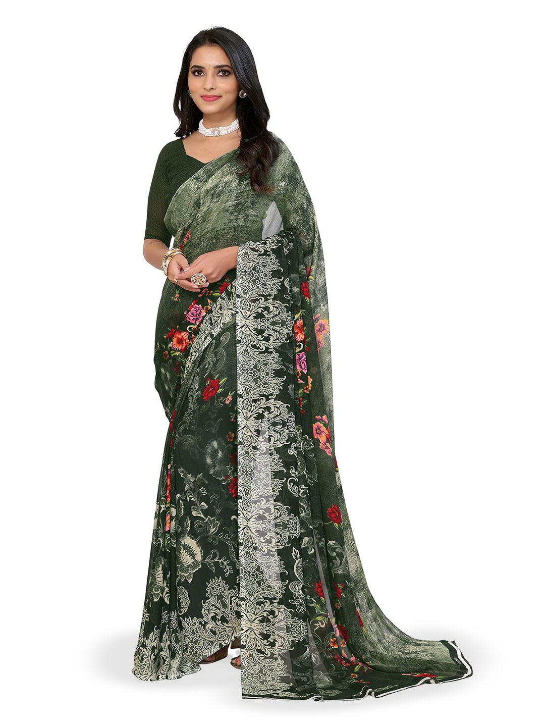 

Moda Rapido Floral Printed Saree With Blouse Piece, Green