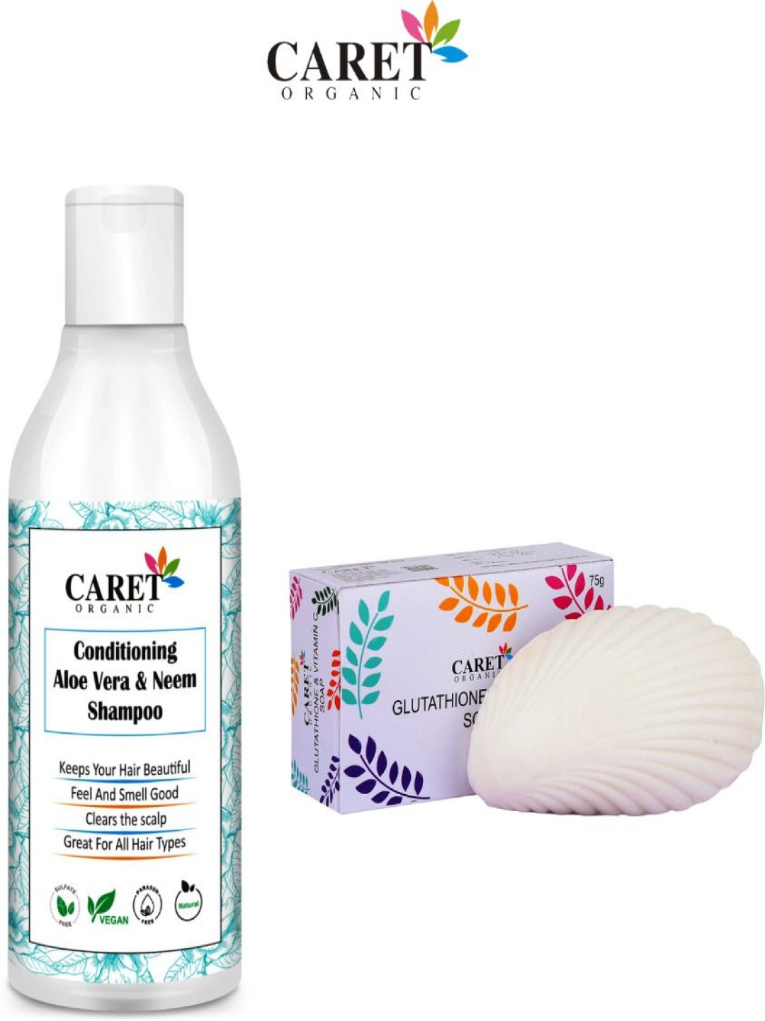 

CARET ORGANIC Set Of 2 Neem Shampoo - 300 ml & Glutathione Soap - 75 g, White