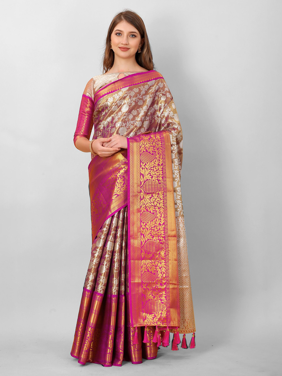

LeeliPeeri Designer Ethnic Motifs Zari Kanjeevaram Saree, Brown