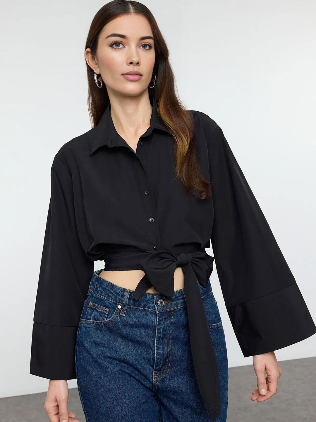 

Trendyol Women Spread Collar Solid Casual Shirt, Black