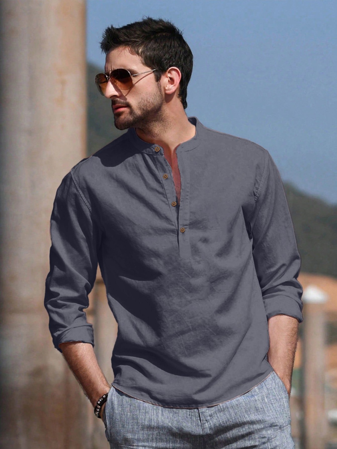 

Anouk Grey Pure Cotton Roll-Up Sleeves Band Collar Straight Short Kurta