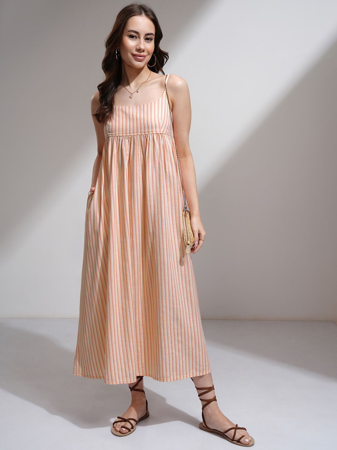 

Tokyo Talkies Women Striped Fit Flare Strappy Midi Dress, Peach