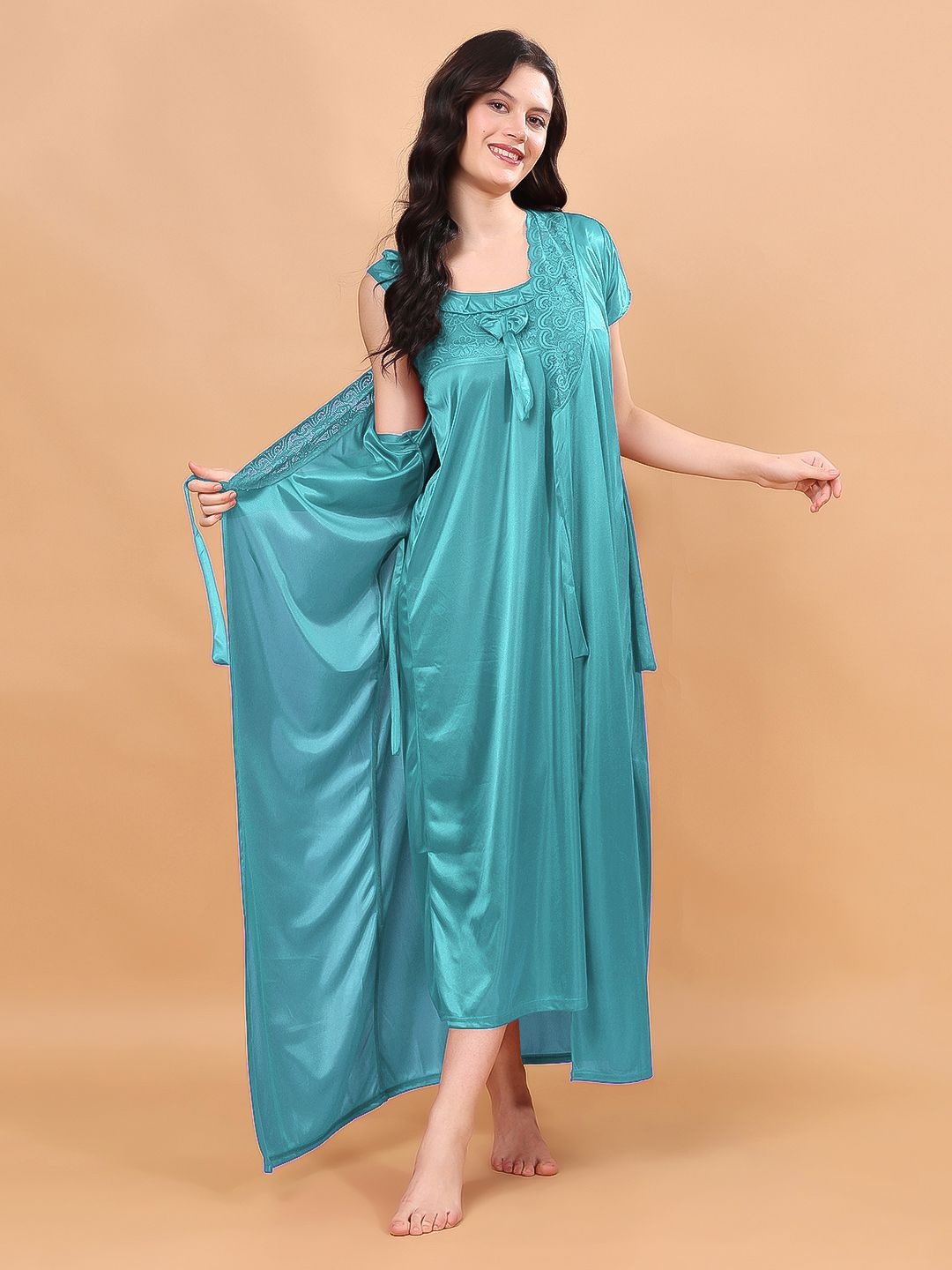 

CHUI MUI Women Round Neck Maxi Nightdress With Robe, Turquoise blue