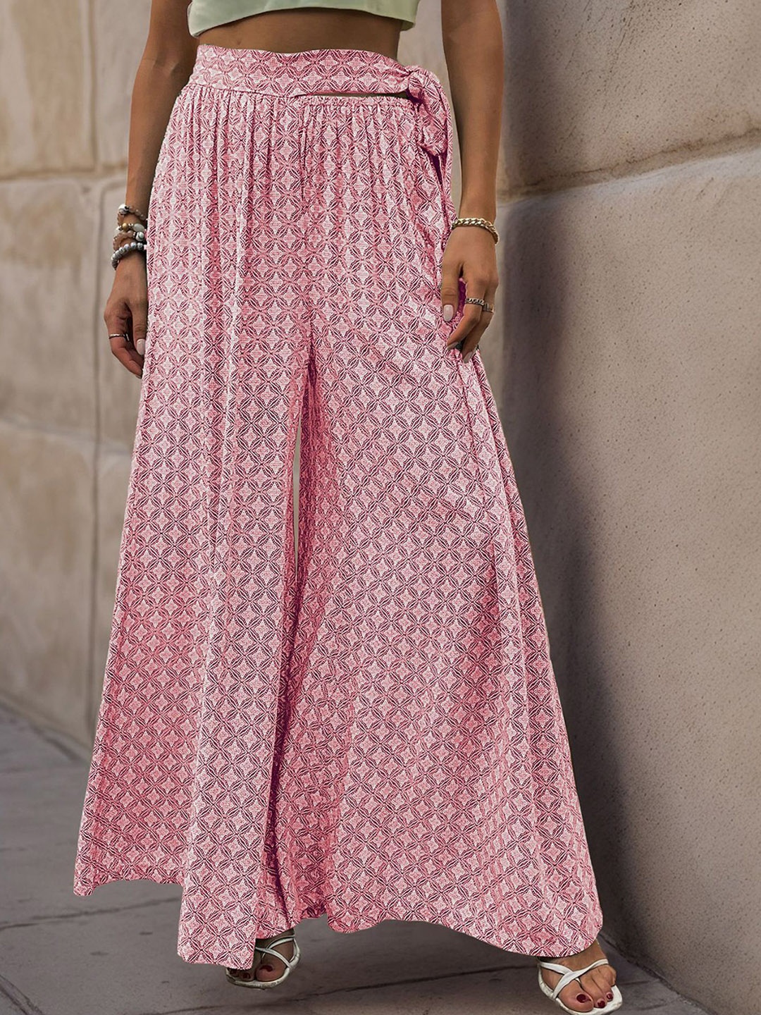 

StyleCast x Revolte Women Ethnic Motifs Printed Flared High-Rise Easy Wash Pleated Trousers, Pink