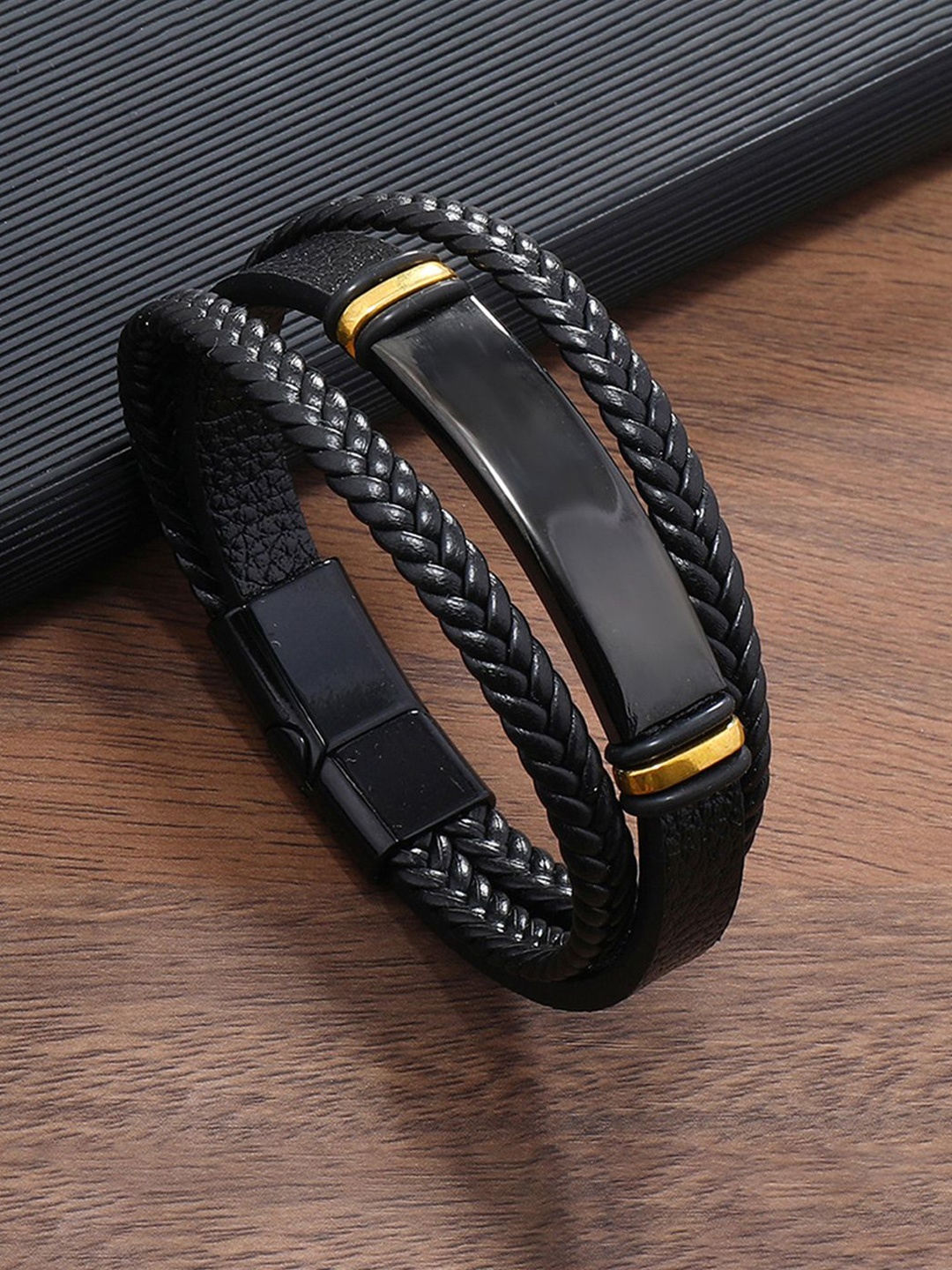 

Designs & You Men Leather Gold-Plated Wraparound Bracelet, Black