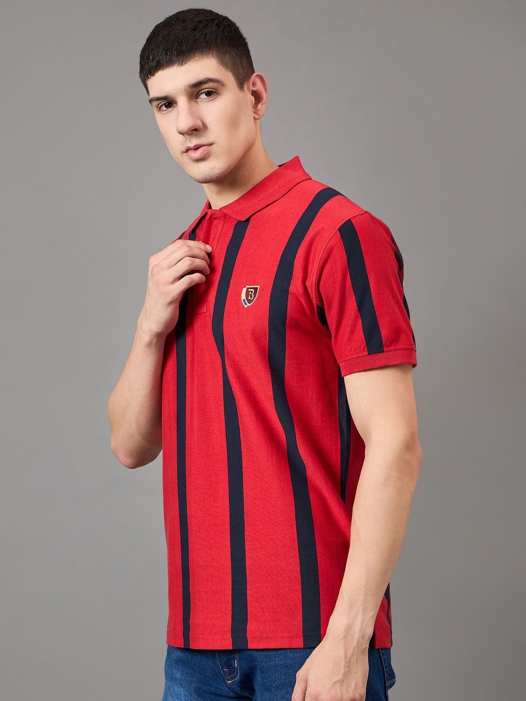 

BRONATION Men Striped Polo Collar Cotton T-shirt, Red