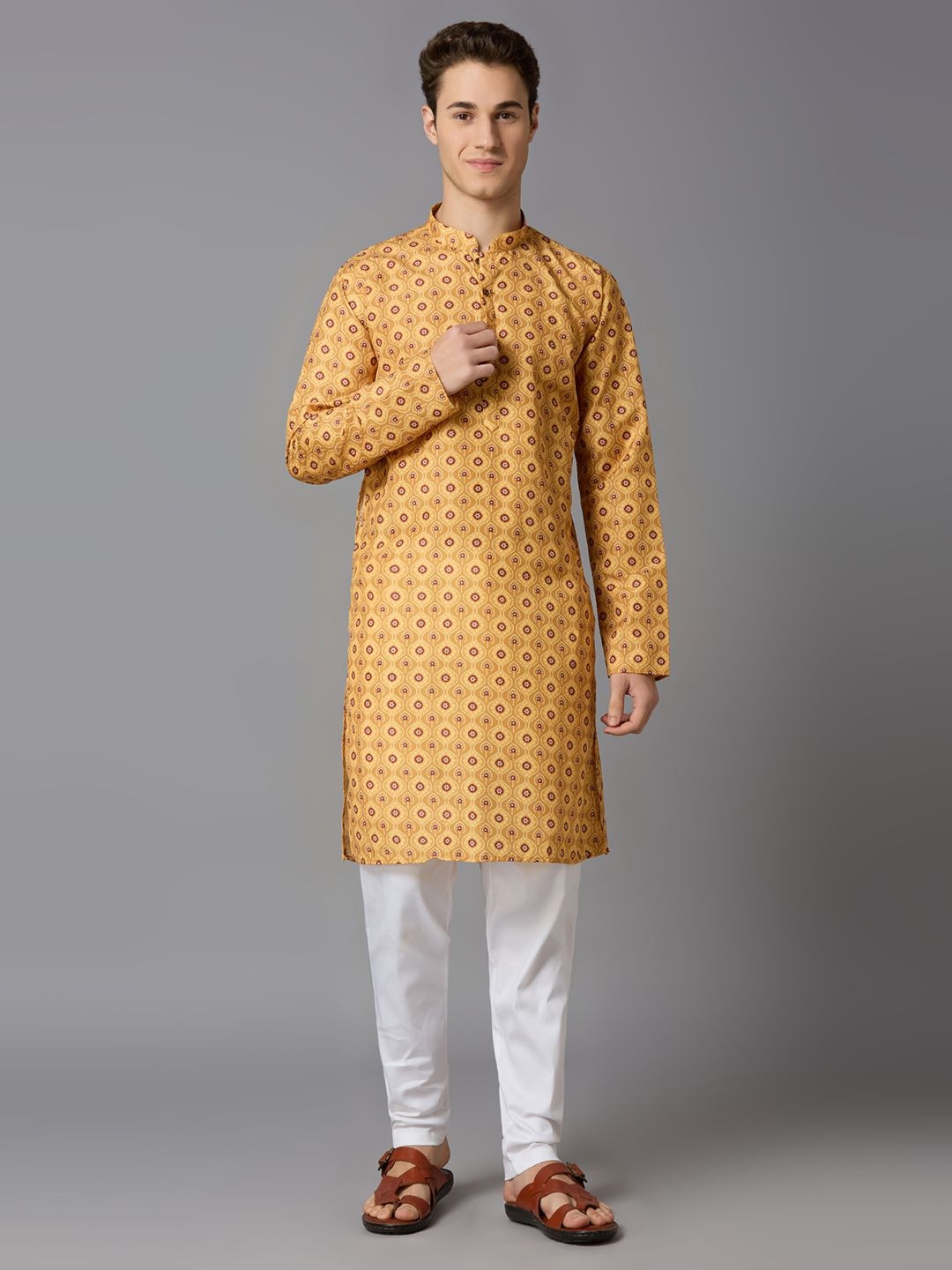 

BELLAZO Ethnic Motifs Printed Mandarin Collar Straight Kurta, Yellow