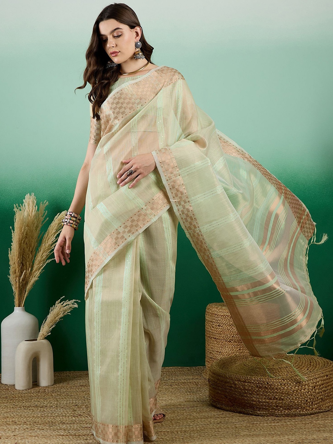 

KIMISHA Woven Design Striped Sequinned Zari Organza Kanjeevaram Saree, Sea green