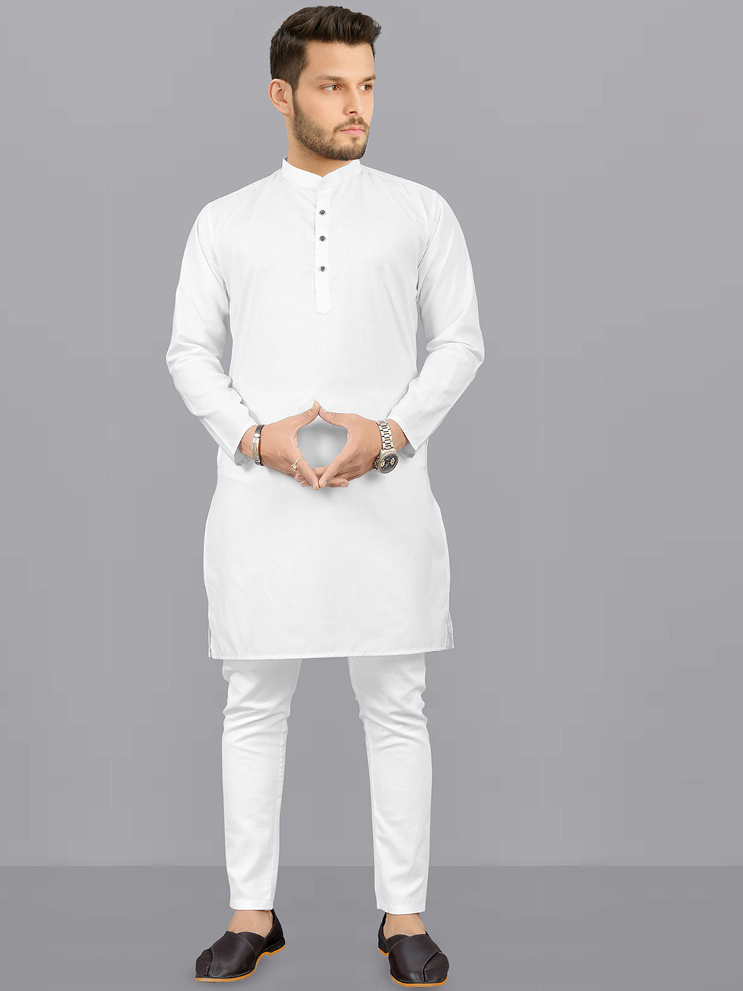 

Fashion FRICKS Band Collar Long Sleeves Straight Kurta with Pyjamas, White