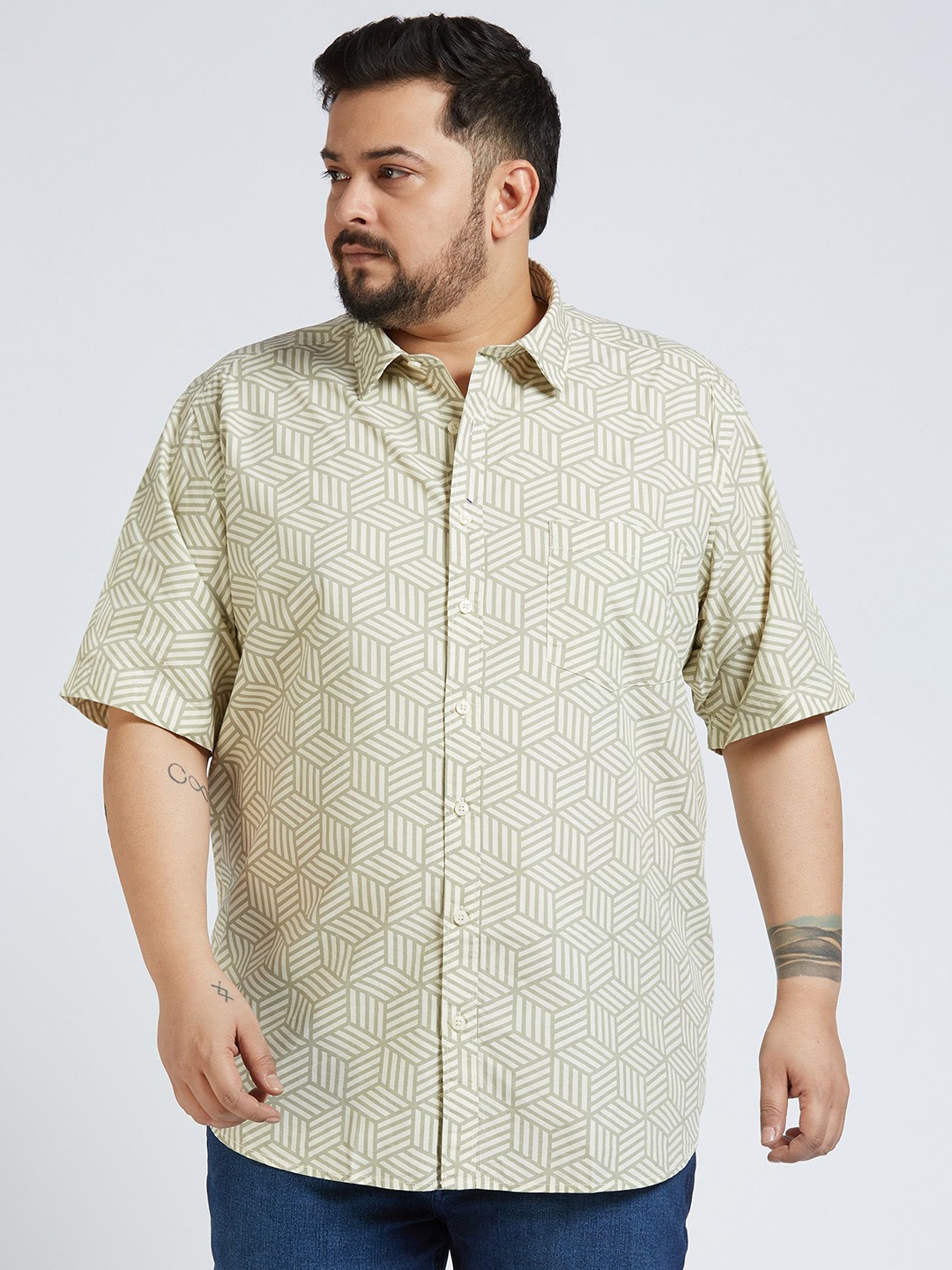 

Sizeupp Men Plus Size Standard Oversized Fit Geometric Printed Cotton Casual Shirt, Brown