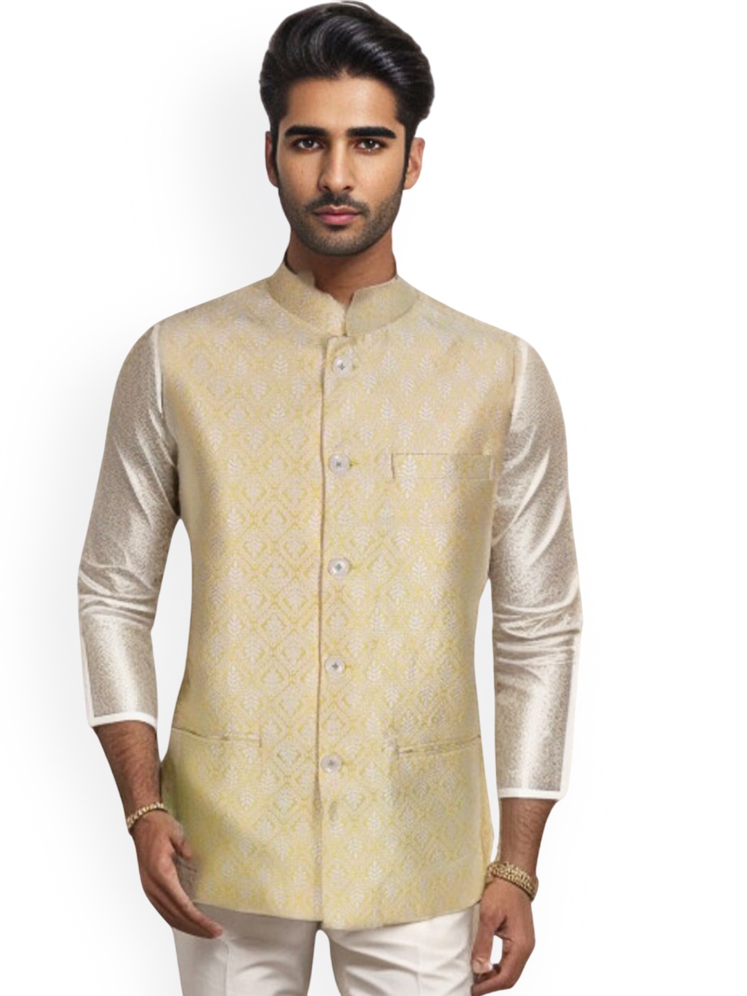 

Blacksmith Woven Design Nehru Jacket, Yellow