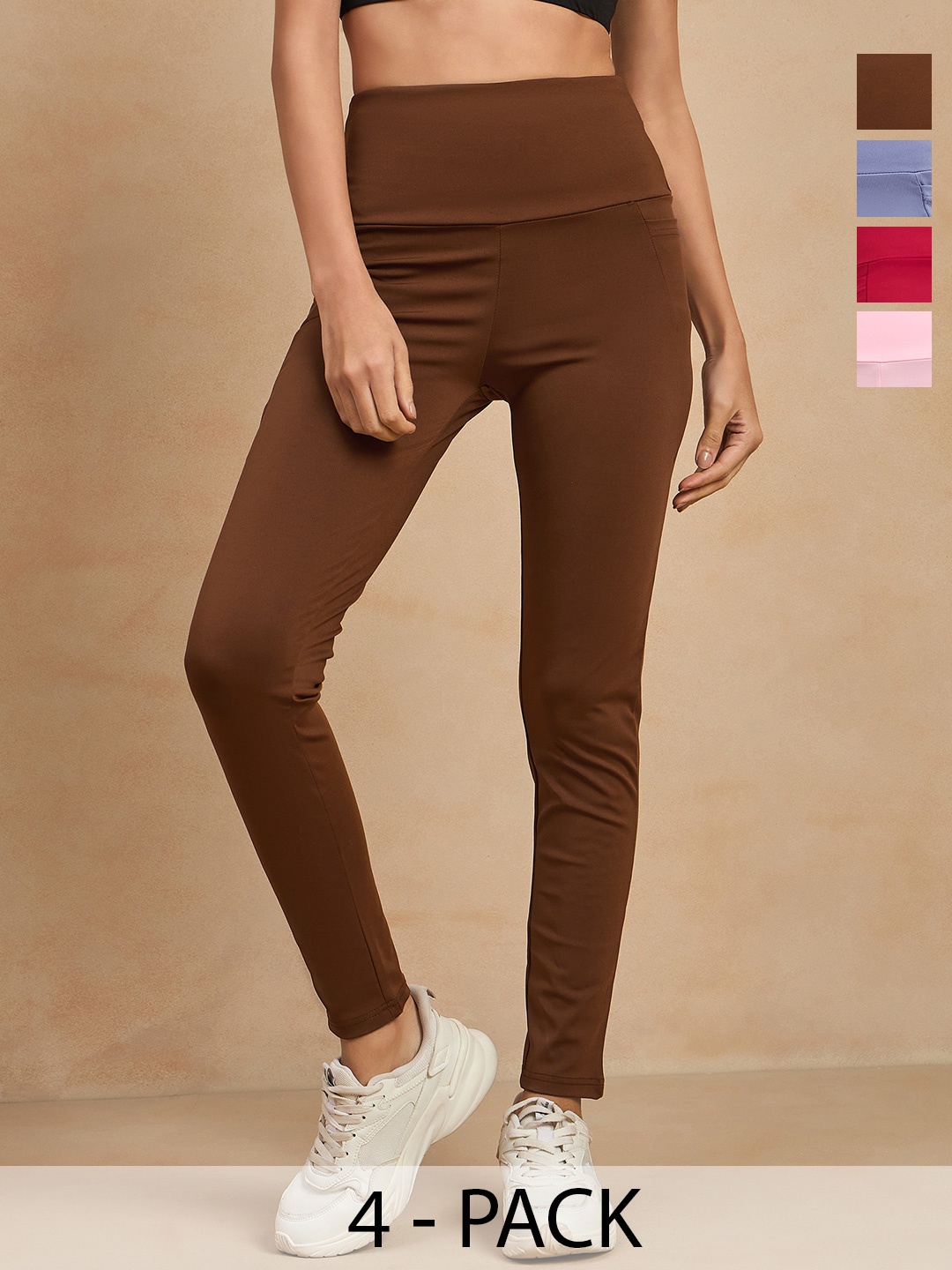 

COLOR CAPITAL Women Pack of 4 Skin Fit Antimicrobial GymTights, Coffee brown