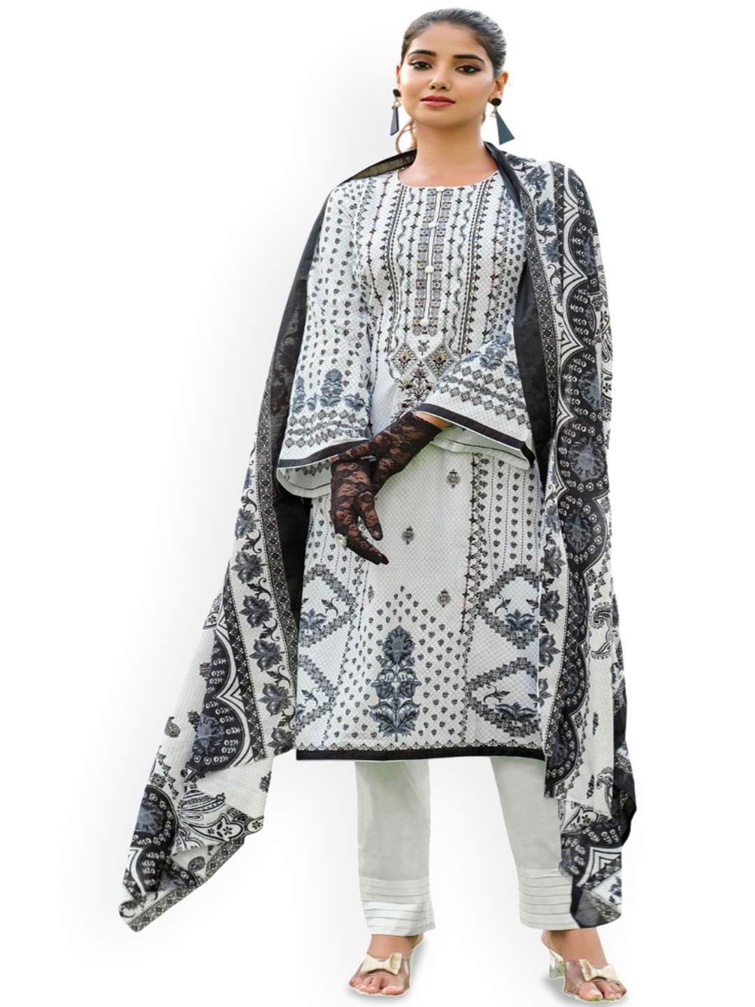 

DRAVINAM Trends Floral Printed Pure Cotton Unstitched Dress Material, White