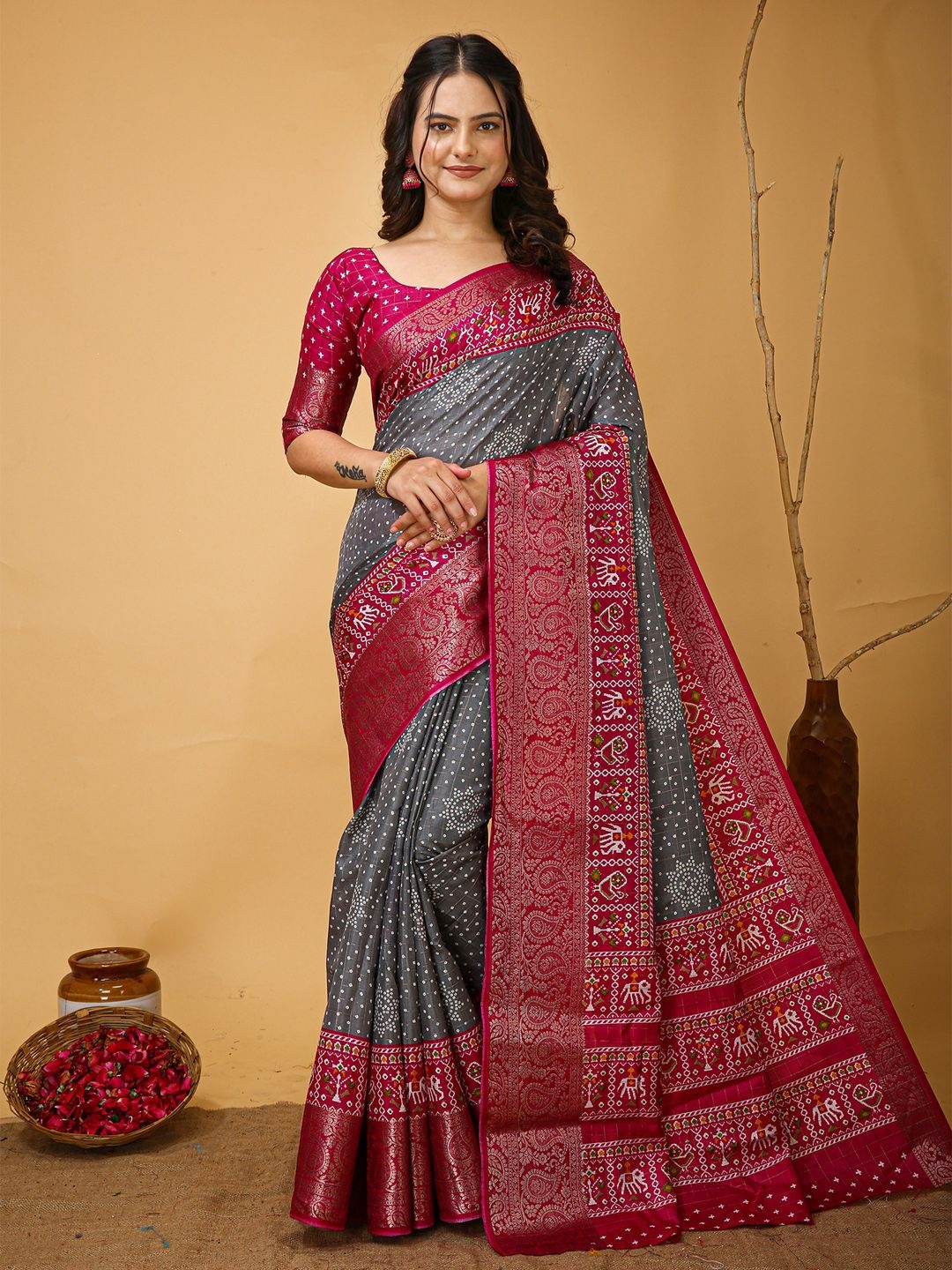 

KALINI Woven Design Bandhani Zari Patola Saree, Grey