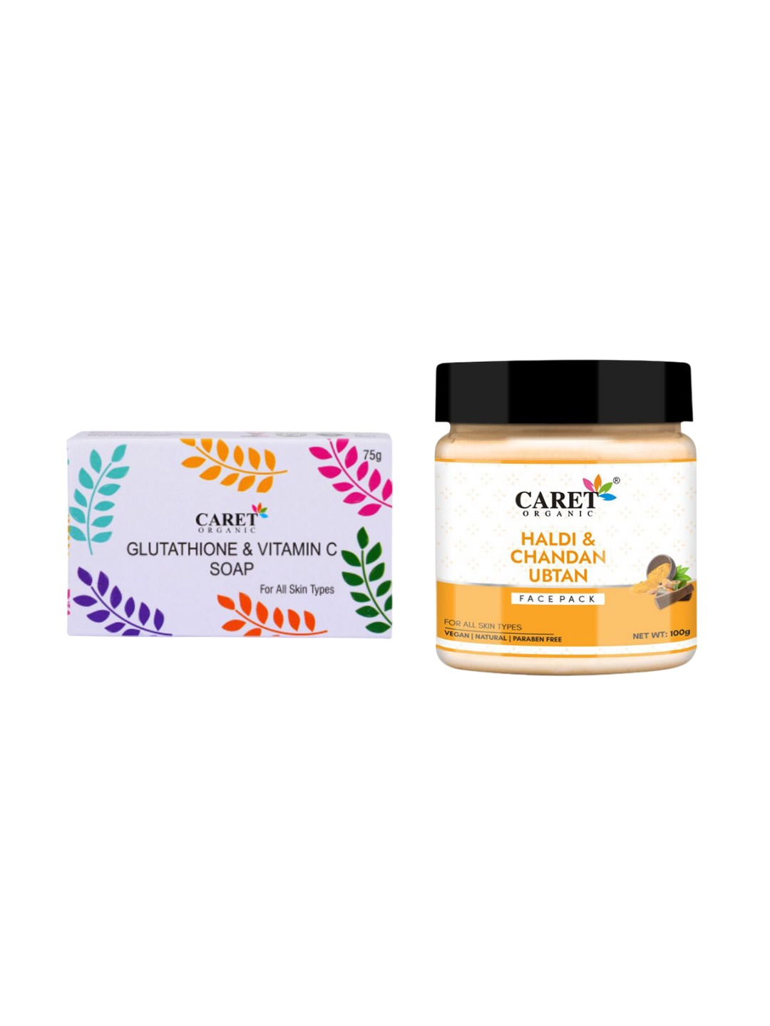 

CARET ORGANIC Set Of 2 Vitamin C Glutathione Soap - 75 g & Ubtan Face Pack - 100 g, White