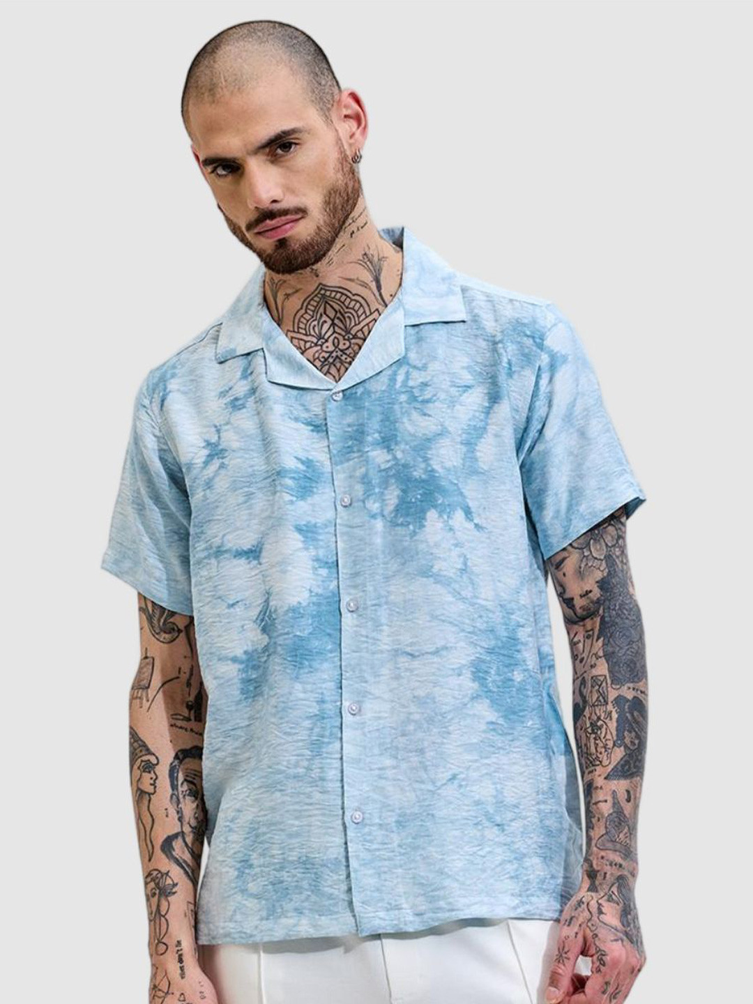 

Snitch Men Relaxed Boxy Fit Cuban Collar Abstract Printed Casual Shirt, Blue