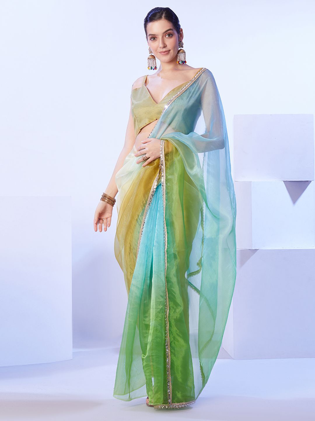 

Kalista Mirror Work Ombre Organza Saree, Green