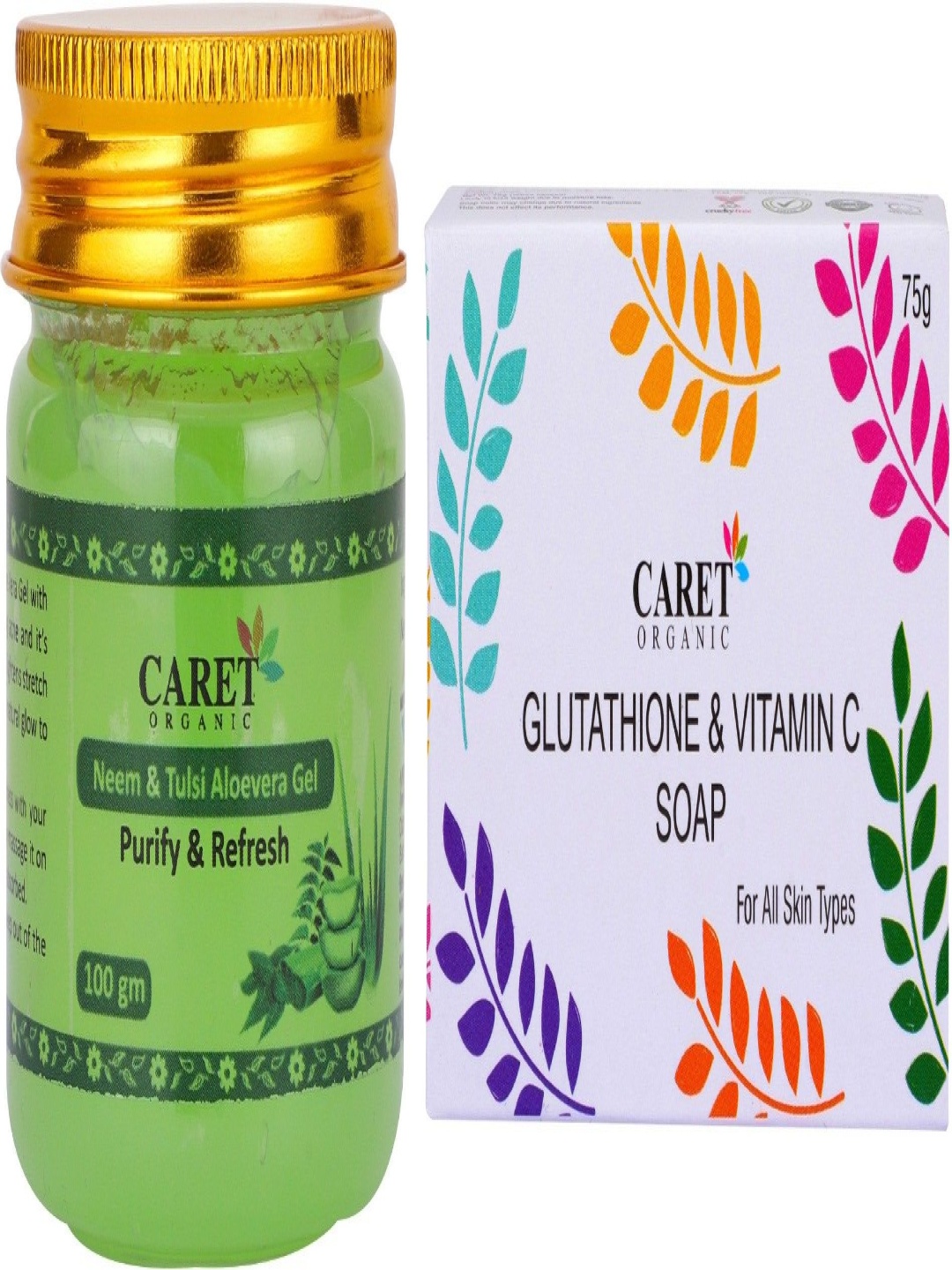 

CARET ORGANIC Set Of 2 Neem & Tulsi Aloevera Gel 100 g With Glutathione Soap 75 g, Multi