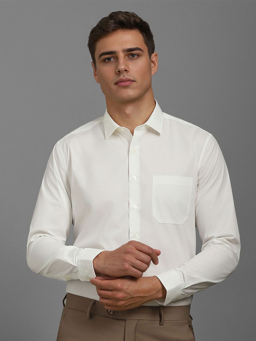 

Louis Philippe Men Slim Fit Spread Collar Solid Cotton Casual Shirt, Cream