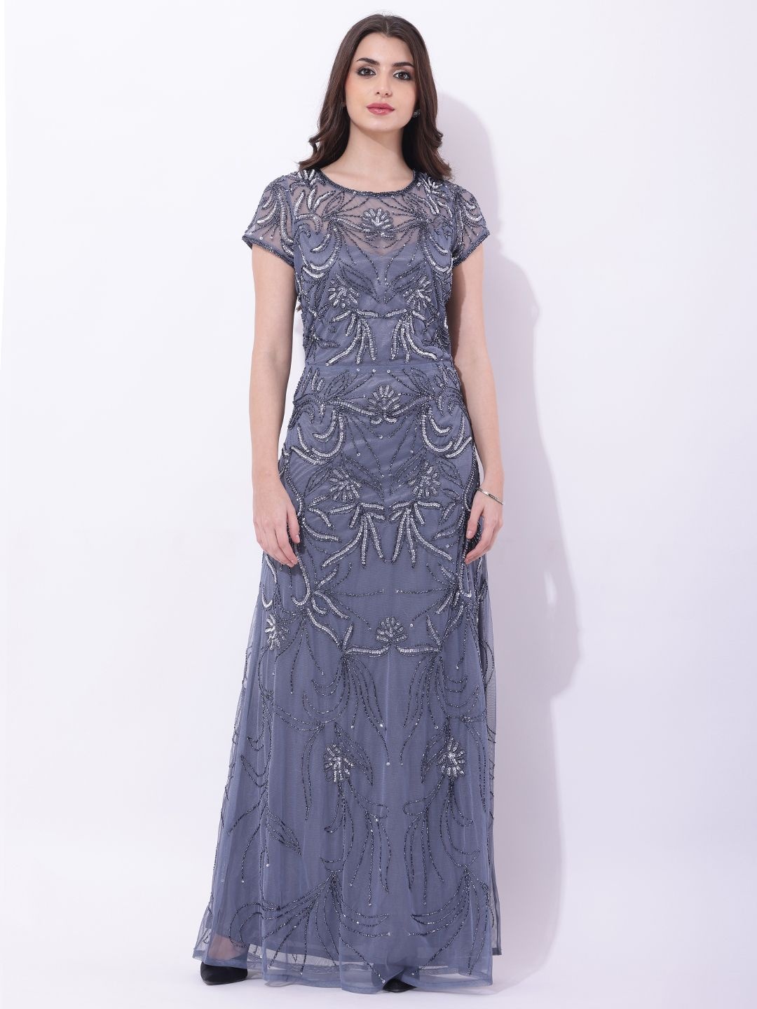 

DEBONATELLA Women Embellished Net Maxi Dress, Grey