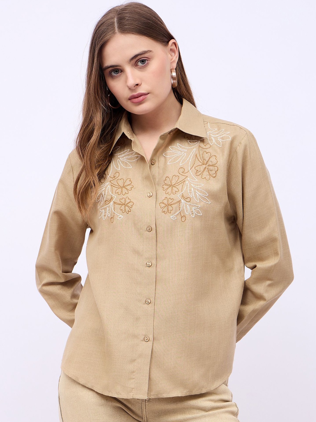 

Styli Women Oversized Fit Spread Collar Floral Printed Cotton Casual Shirt, Beige