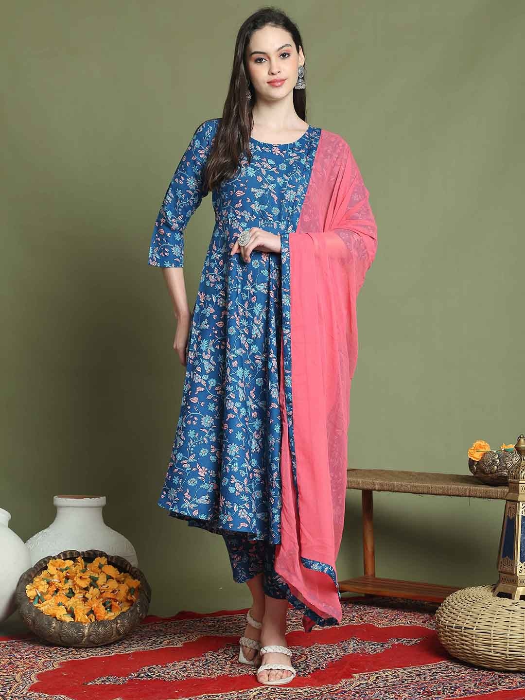 

KALINI Floral Printed Round Neck Cotton A-Line Kurta With Trousers & Dupatta, Blue