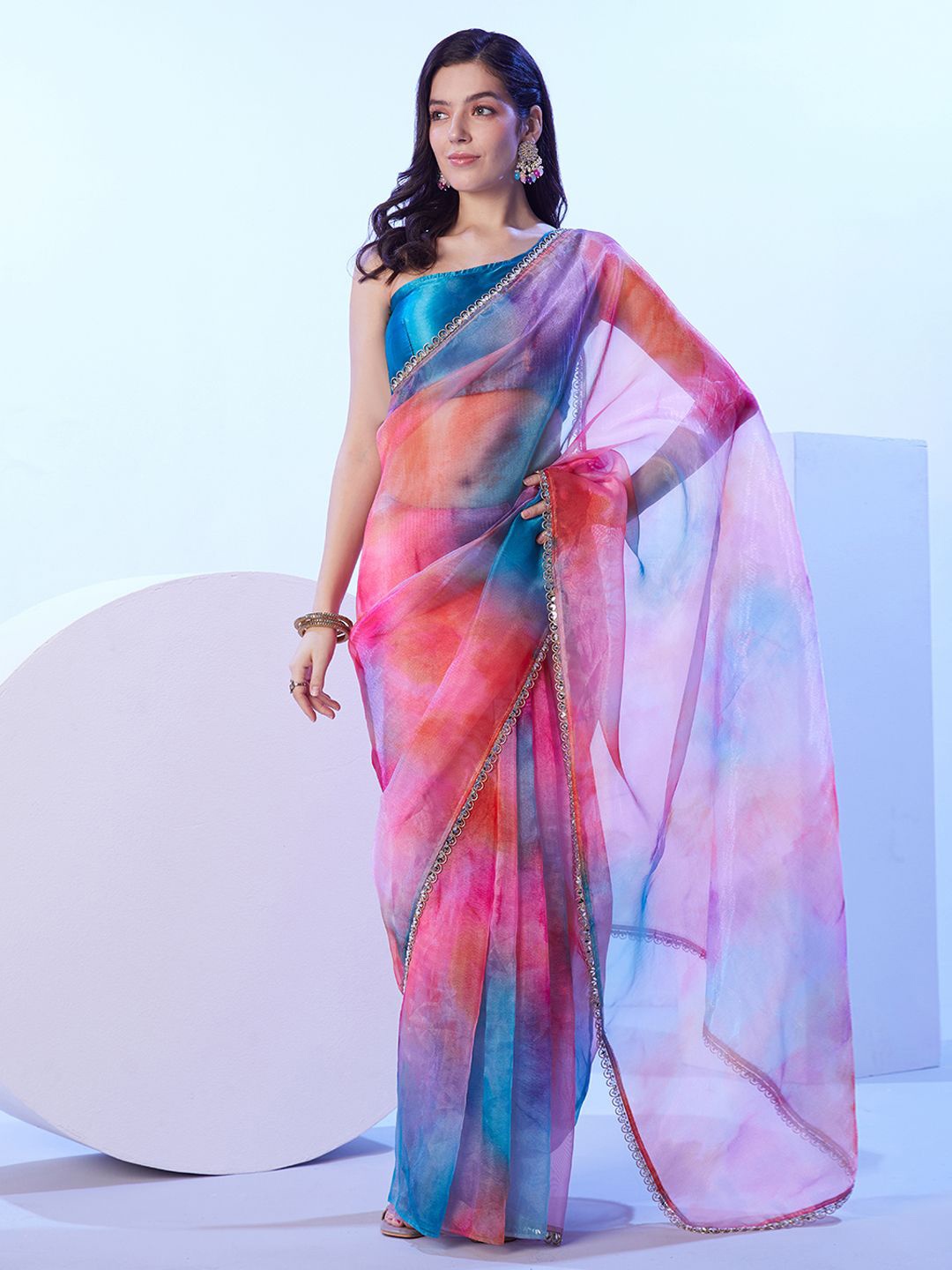 

Kalista Ombre Mirror Work Embellished Organza Saree, Pink