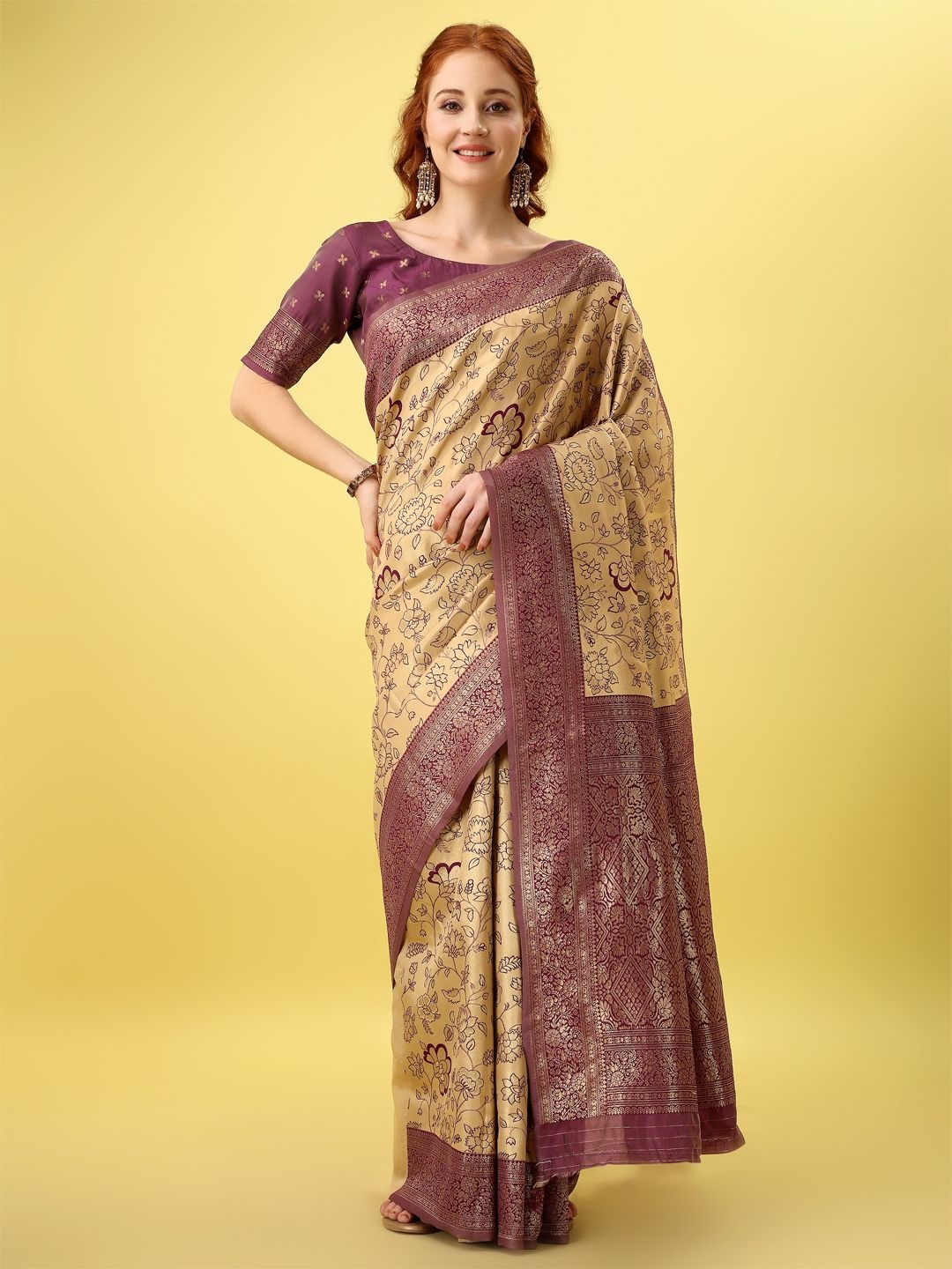 

F FASHION Floral Woven Design Zari Banarasi Saree, Magenta