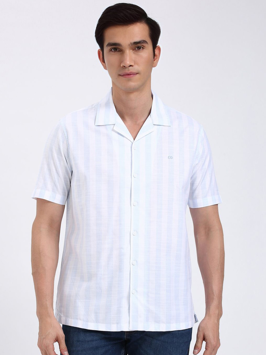 

Peter England Casuals Men Cuban Collar Vertical Striped Cotton Shirt, White