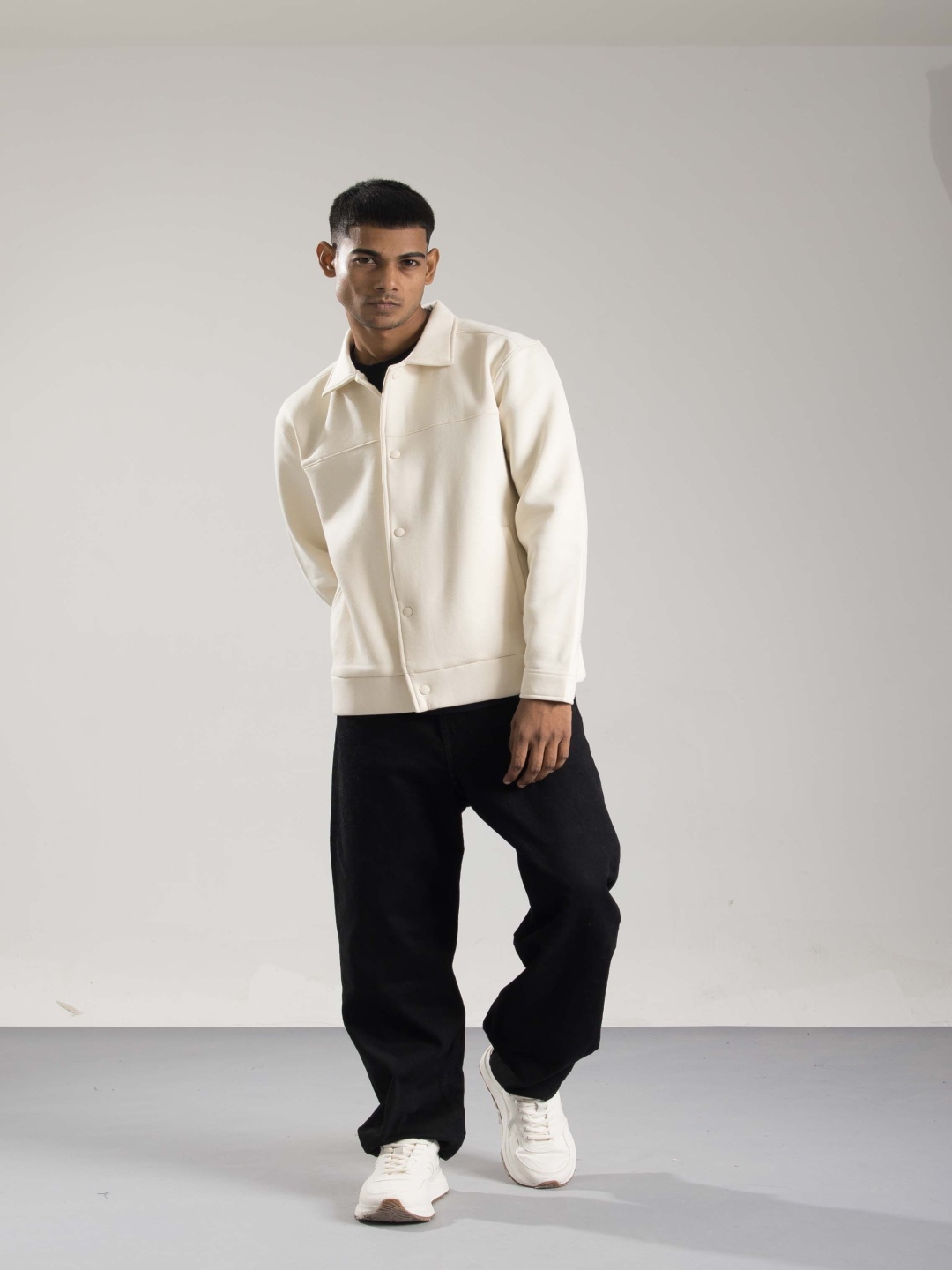 

ONEWAY Men Spread Collar Solid Cotton Casual Bomber Jacket, Off white