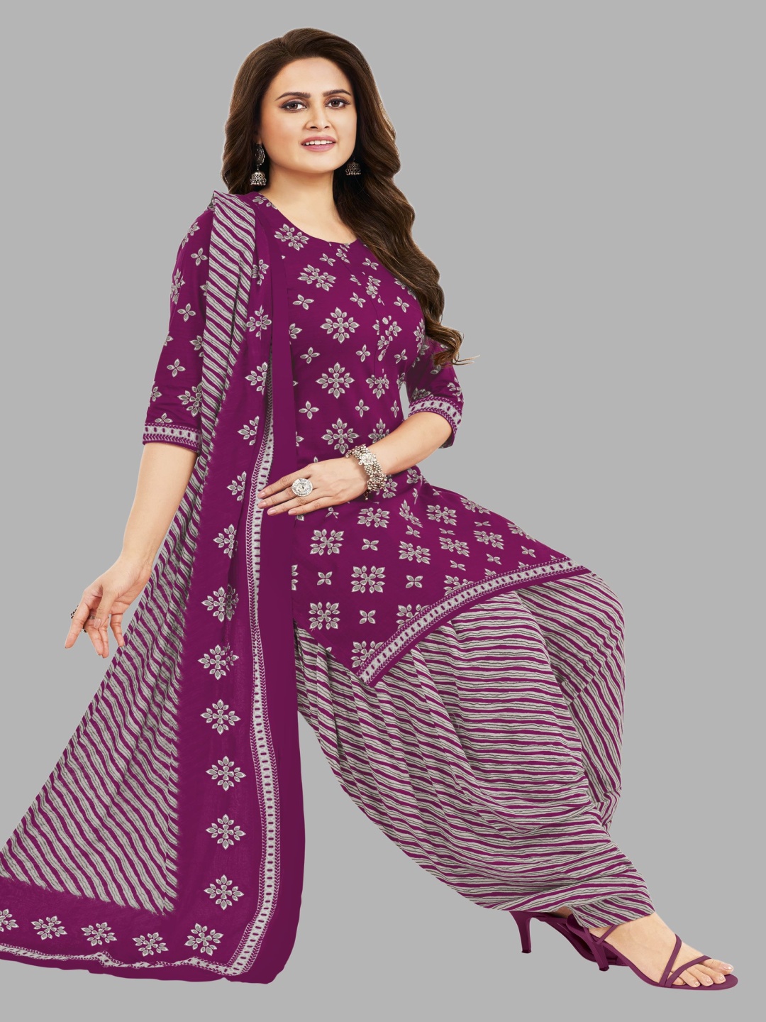 

shree jeenmata collection Printed Pure Cotton Unstitched Dress Material, Purple