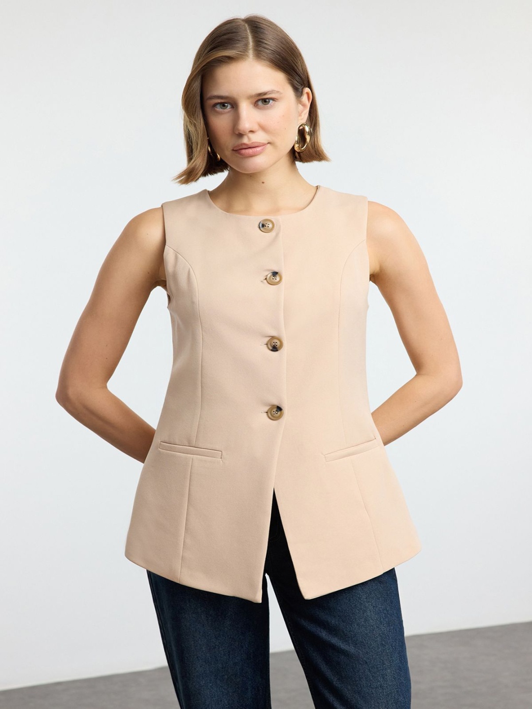 

Trendyol Round Neck Woven Waistcoat, Beige
