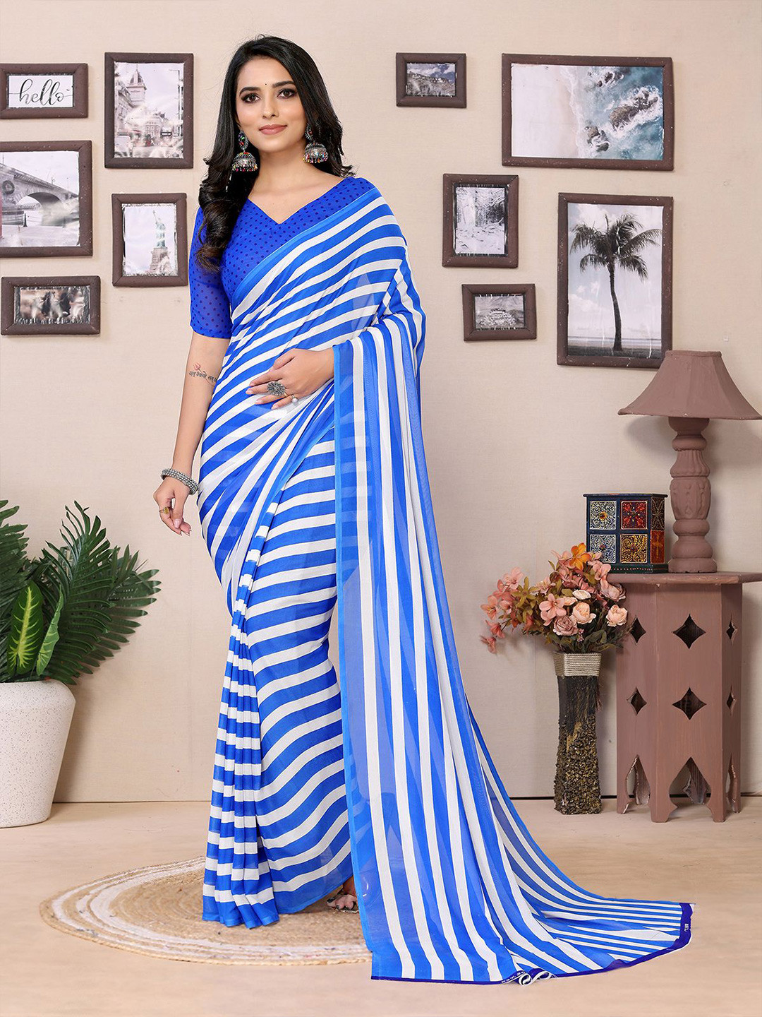 

Moda Rapido Striped Printed Saree, Blue