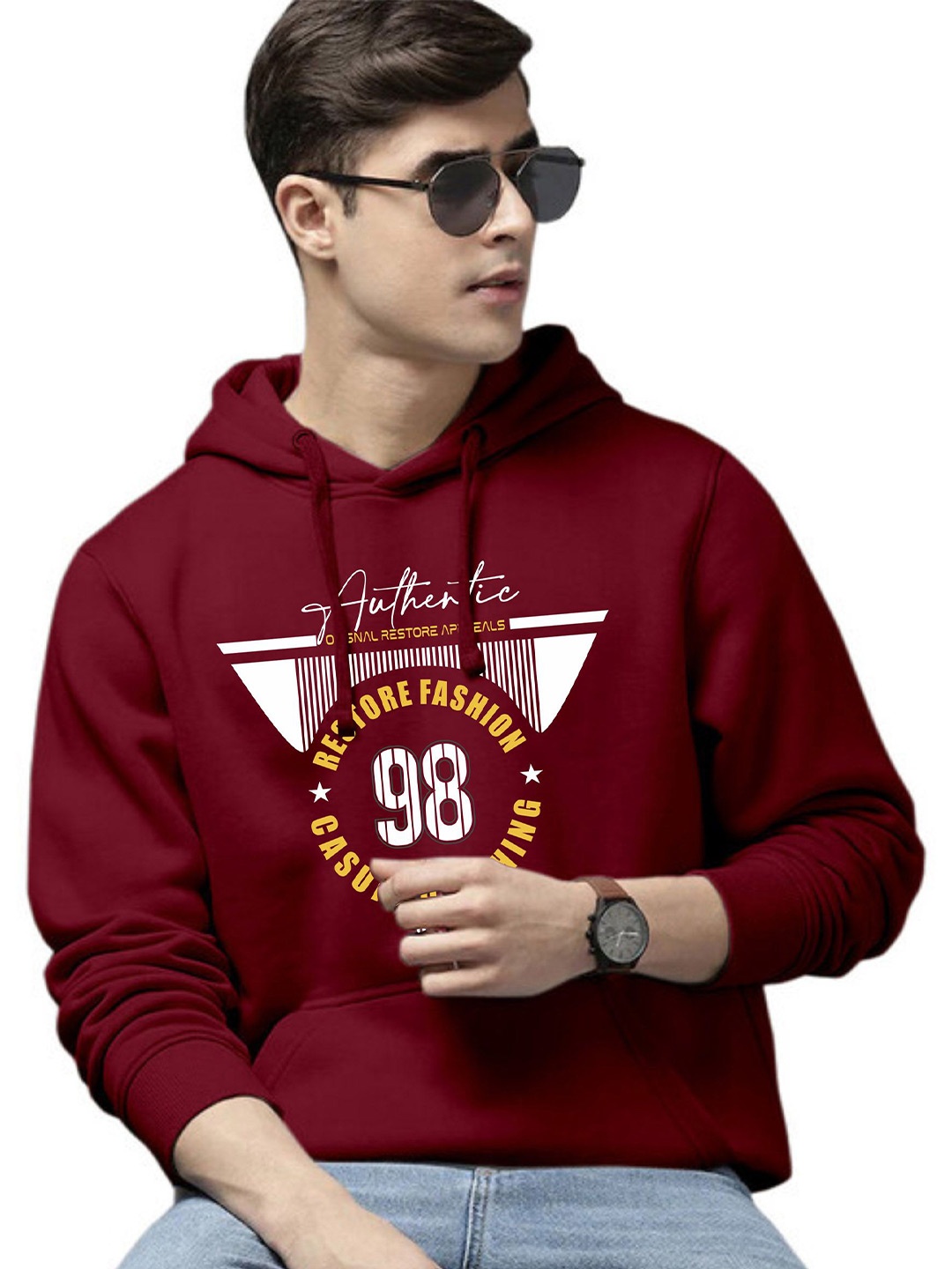 

WOOSTRO Men Printed Hooded Pullover Sweatshirt, Maroon