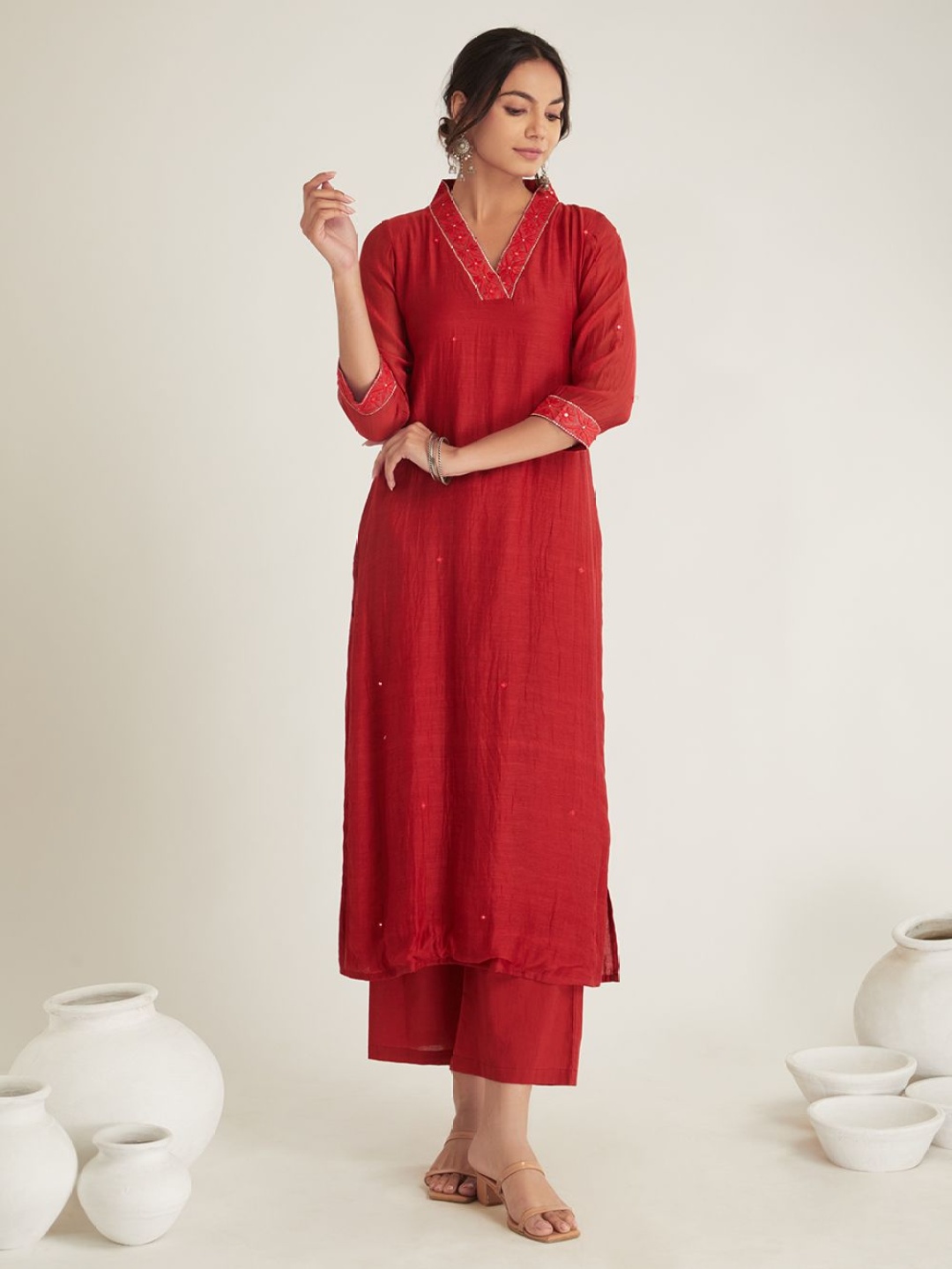 

SHILPI HANDICRAFTS Embroidered Sequinned Chanderi Straight Kurta With Trousers & Dupatta, Red